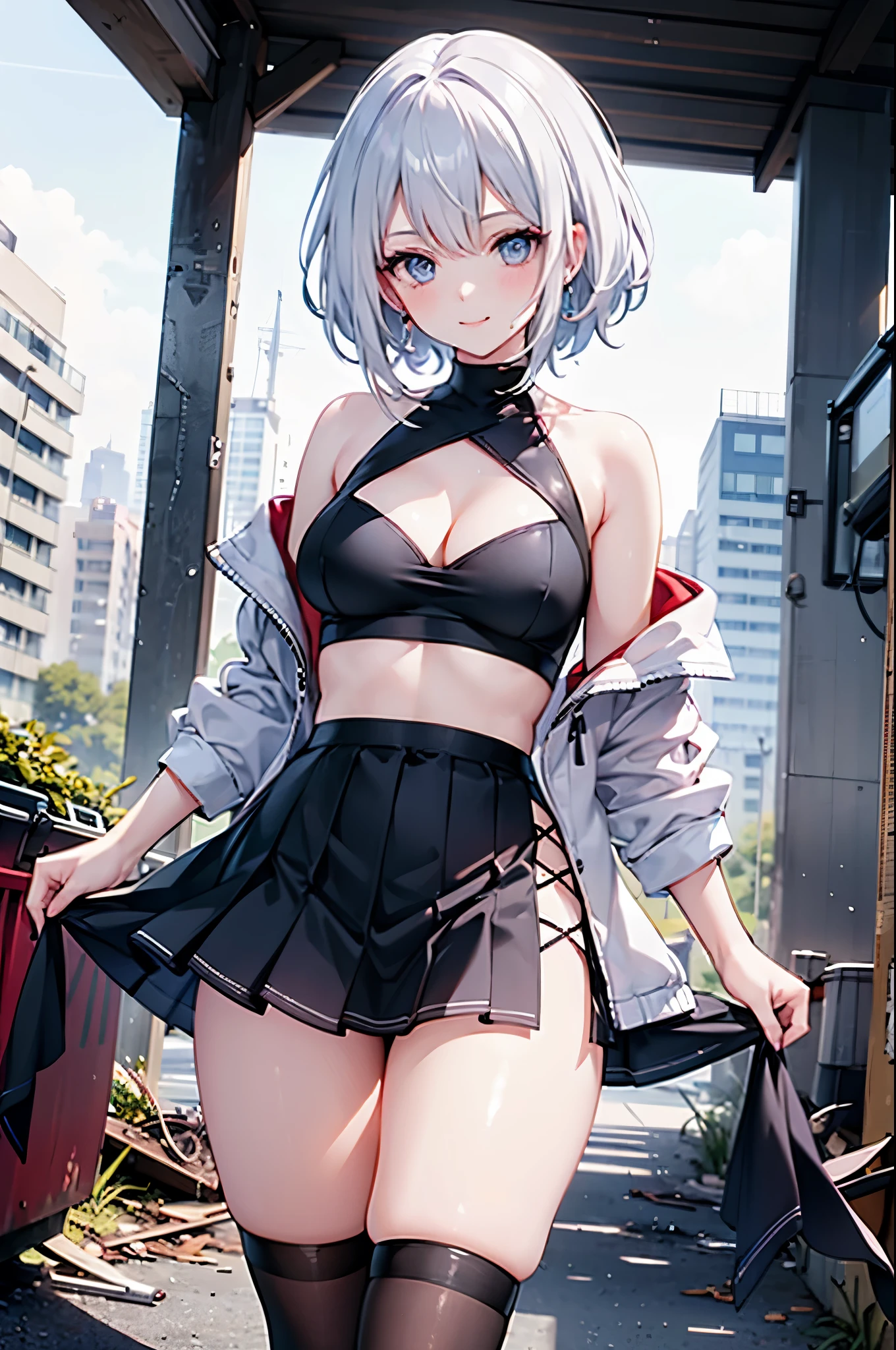 realistic image, coherent image, detailed image, 1 beautiful girl. She has short, white hair. Her eyes are blue, long eyelashes. Her face is oval and delicate, smiling. She is wearing a long-sleeved, shoulder-baring, off-shoulder top, pleated mini skirt, and mid-thigh stockings. She has a curvy body, medium breasts, thick thighs. sexy pose. Background of destroyed buildings, surrounded by nature, natural lighting, volumetric lighting,