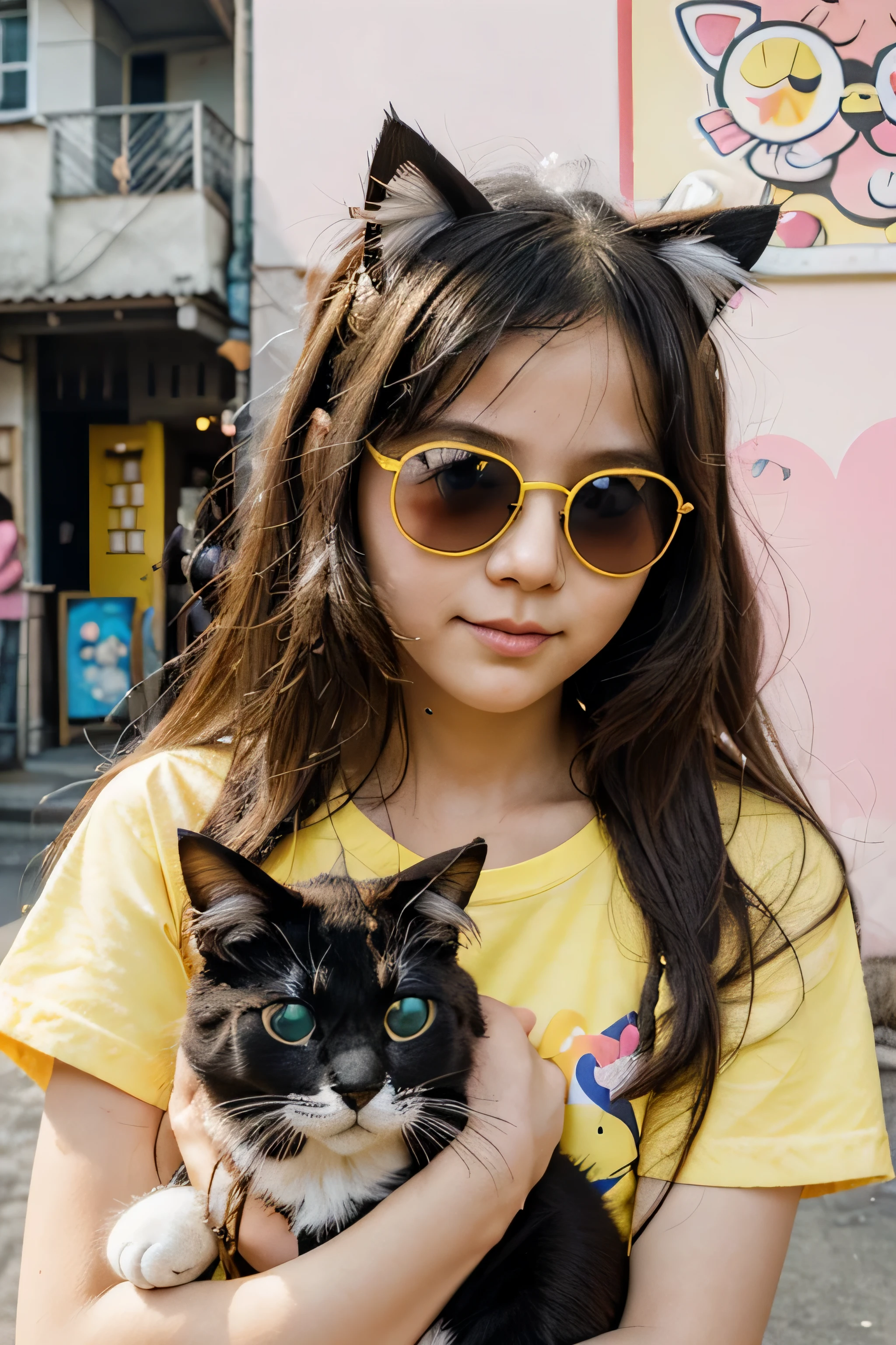 Kid girl with sunglasses with pet cat. Happy preschool girl taking care and cuddle fluffy pet. Cartoon vector illustration set of love and friendship between baby owner and his puppy and kitty. in the style of yoh nagao, lively tavern scenes, outdoors and, yellow and pink, drugcore, cult party kei, fragmented advertising, playful use of line.