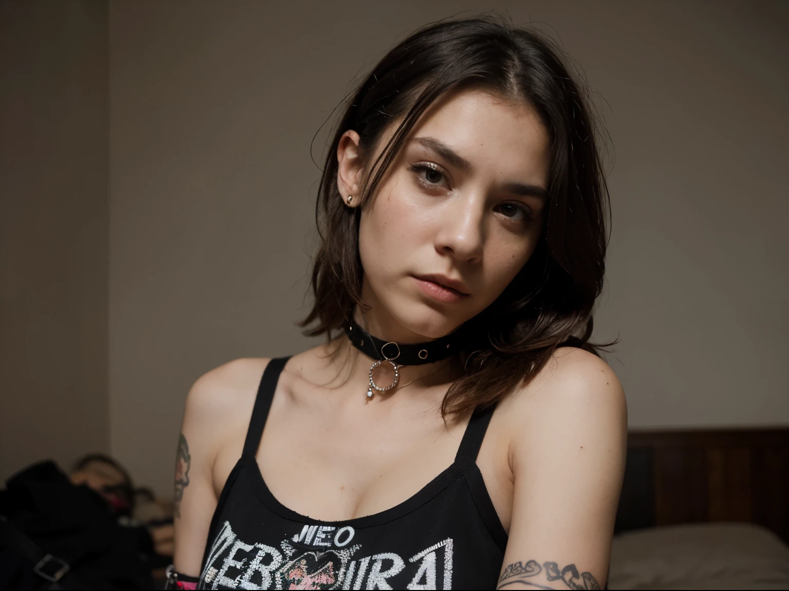 ((Mejor calidad)), ((Obra maestra)), (detallado),frontal portrait, cara perfecta, sexy, purple hair, beautiful angry late teen latin urban punk girl with tattoos taking a selfie, dressed with punk stilish fashionist garments and an oversized sexy man tee shirt, choker, spike bracelet, punk jewelry