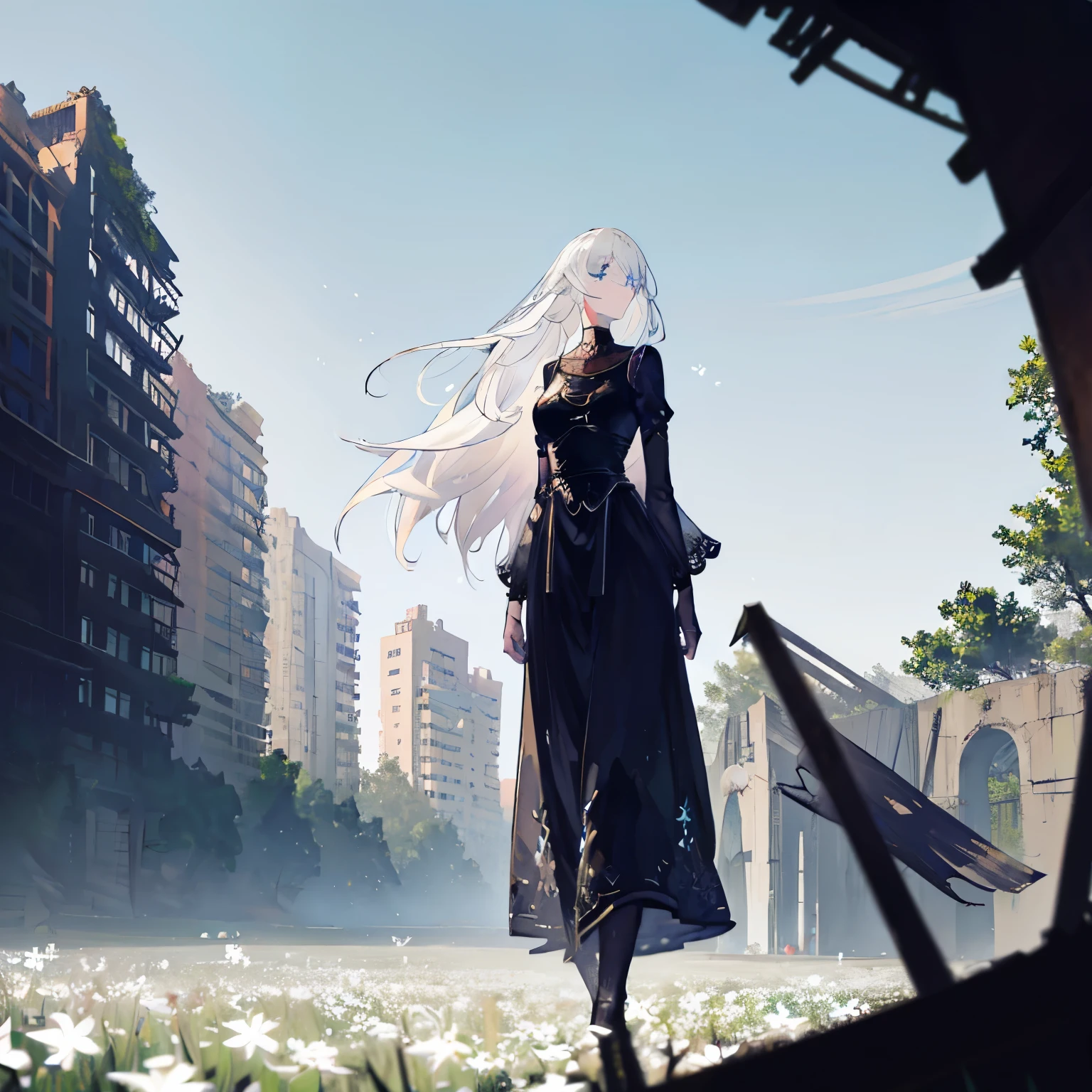 YoRHa A2. She is 25 years old. adult. white hair.  Blue eyes. she is in a field of white flowers.  In a city ruins. Her clothes are worn out. She is covered in dust