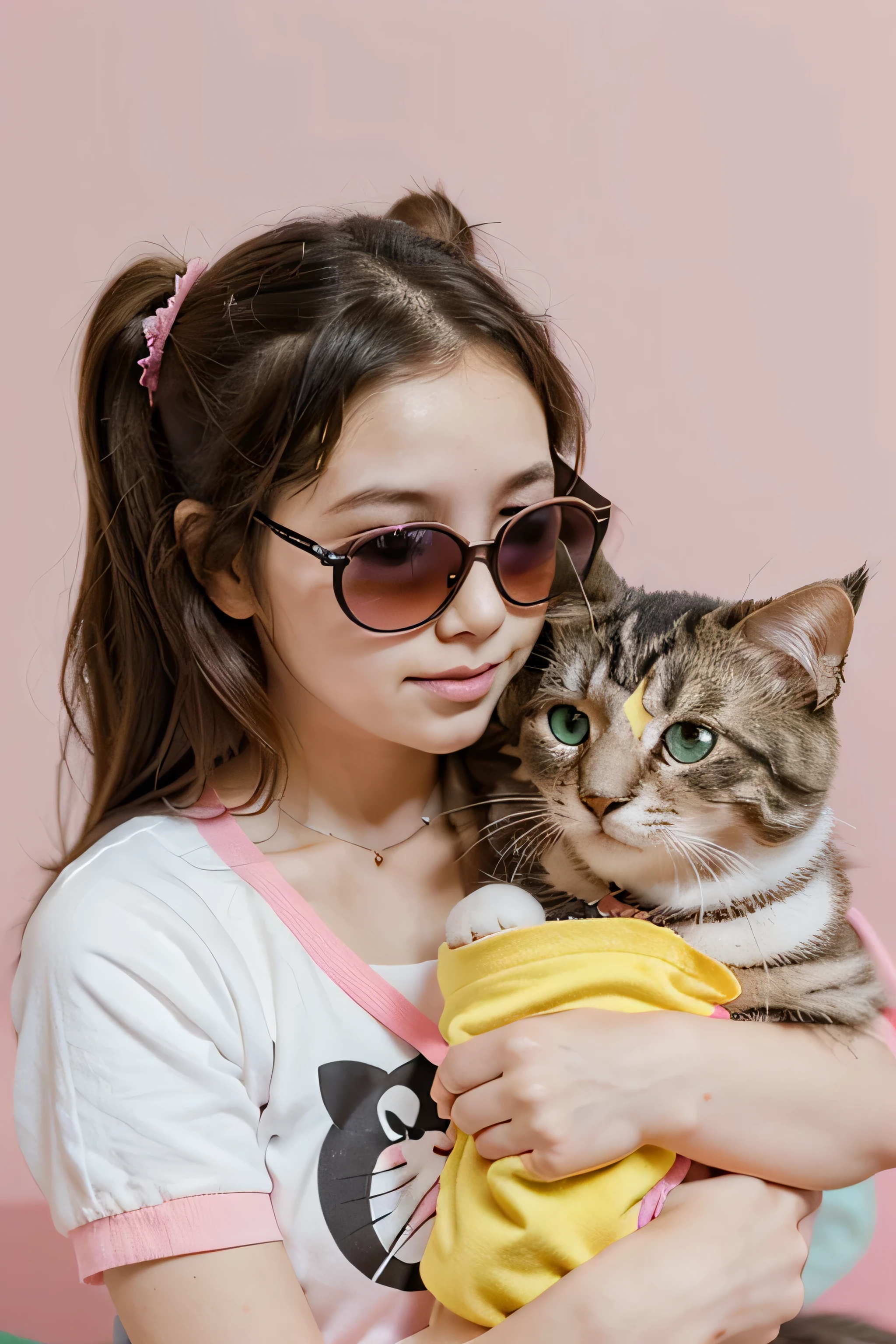 ??? girl with sunglasses with pet cat. Happy preschool girl taking care and cuddle fluffy pet. Cartoon vector illustration set of love and friendship between baby owner and his puppy and kitty. in the style of yoh nagao, lively tavern scenes, outdoors and, yellow and pink, drugcore, cult party kei, fragmented advertising, playful use of line.