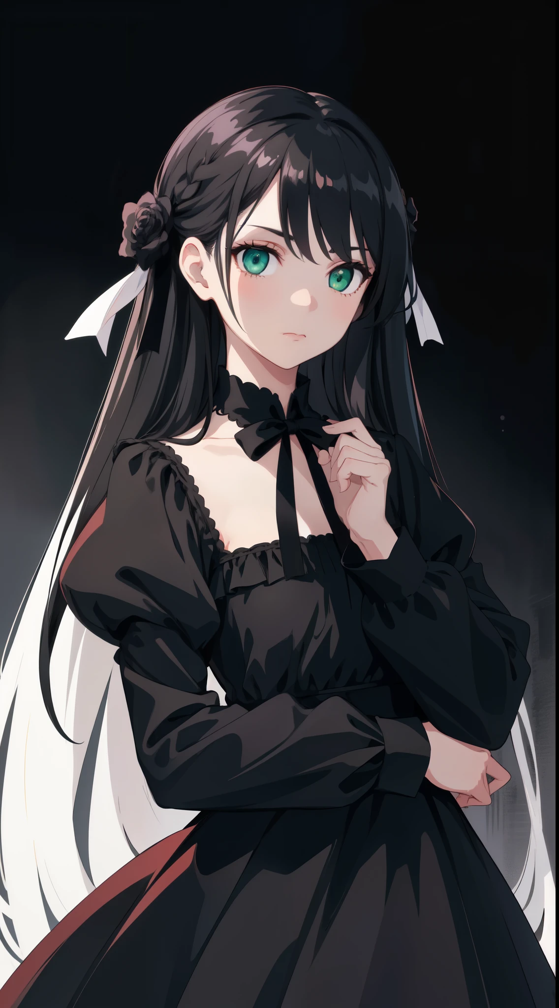 ((masterpiece, best quality)),best aesthetic,1girl, solo, long hair, black dress, flower, ribbon, black background, black hair, rose, hair ribbon, green eyes, long sleeves, white rose, closed mouth, black ribbon, upper body, cinematic lighting