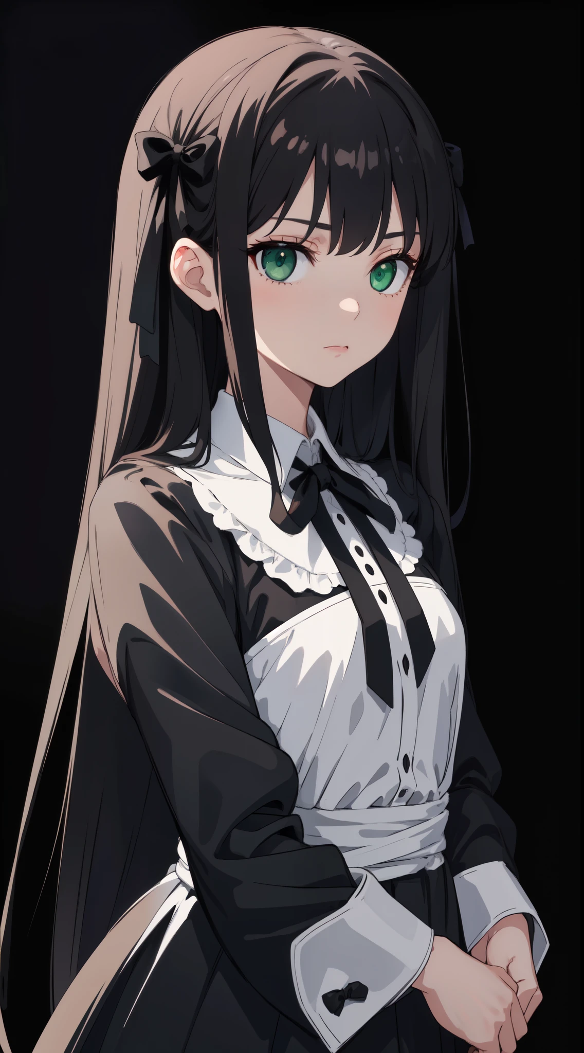 ((masterpiece, best quality)),best aesthetic,1girl, solo, long hair, black dress, flower, ribbon, black background, black hair, rose, hair ribbon, green eyes, long sleeves, white rose, closed mouth, black ribbon, upper body, cinematic lighting