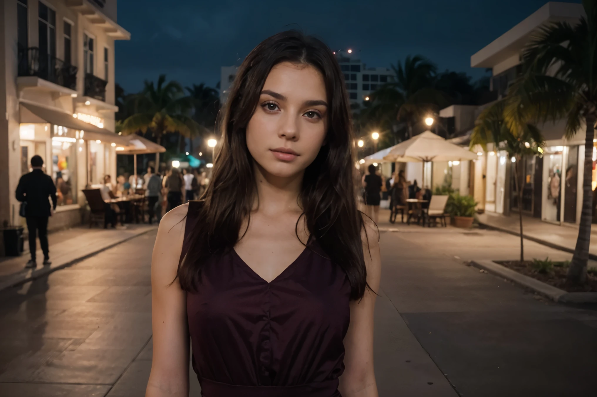 Beautiful 24 year old girl, long brown hair, innocent look, seductive look, no makeup, natural beauty, hyperealistic skin texture, 8K from a red cinematography camera, , "(8k, RAW photo, highest quality, masterpiece: 1.2), 24 years old ultra-fine depiction, clearly visible, girl with dark hair film Kodak iso 400, hyperrealism, detailed skin texture. she at a expensive Restaurant in Miami Beach she is wearing a burgundy dress. its during the night in Miami florida, cinematic shot, shot in iPhone 15.