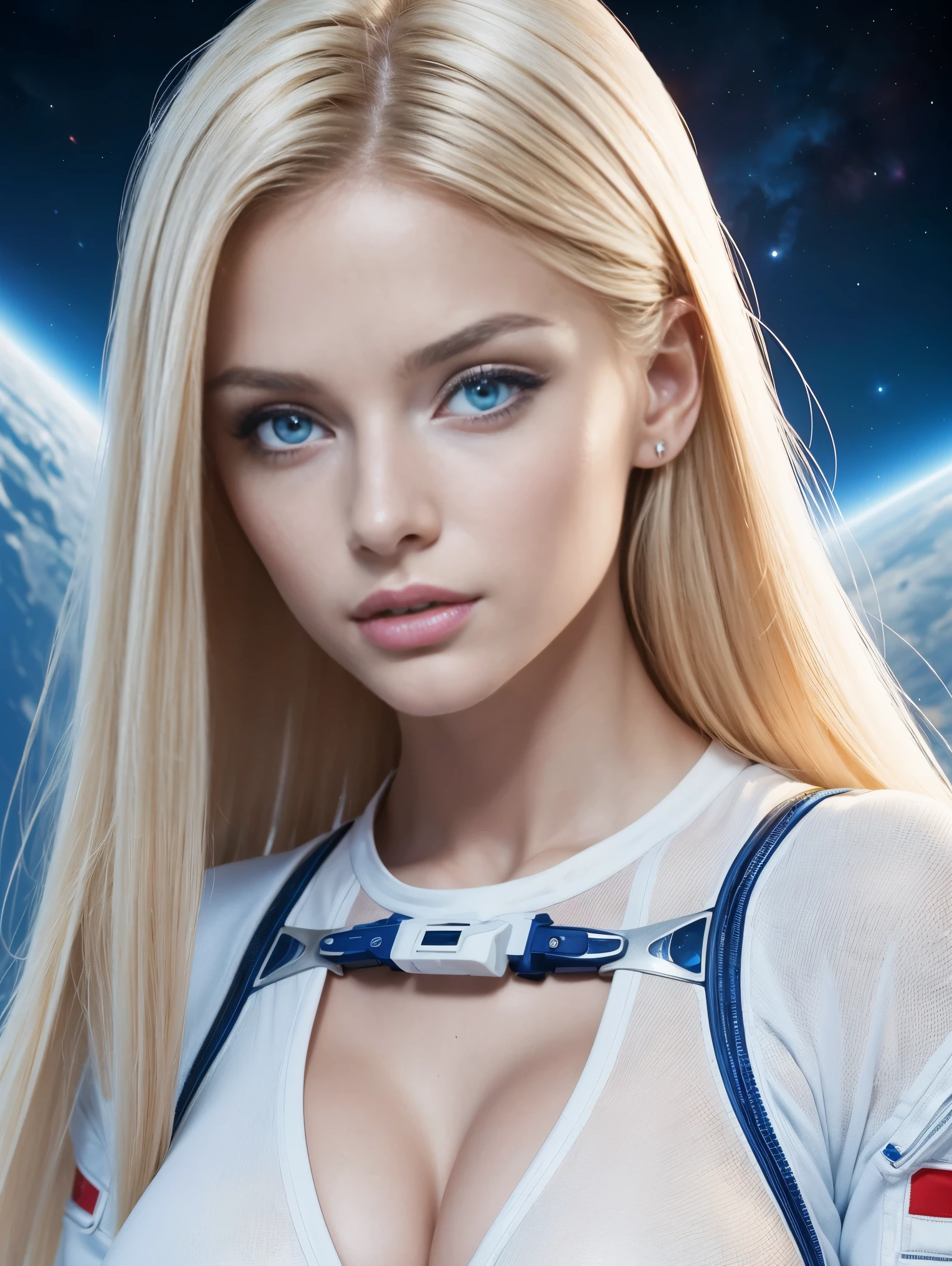 An ultra hot gorgeous European woman. Age23. Blonde straight hair. astronaut clothes white and blue, cleavage, provocative. space background. Perfect anatomy, perfect hair, perfect breast, perfect body, perfect hands, perfect face, perfect eyes, accurate, anatomically correct, perfect clear and crisp focus, UHD, masterpiece, ((blurry background)) 