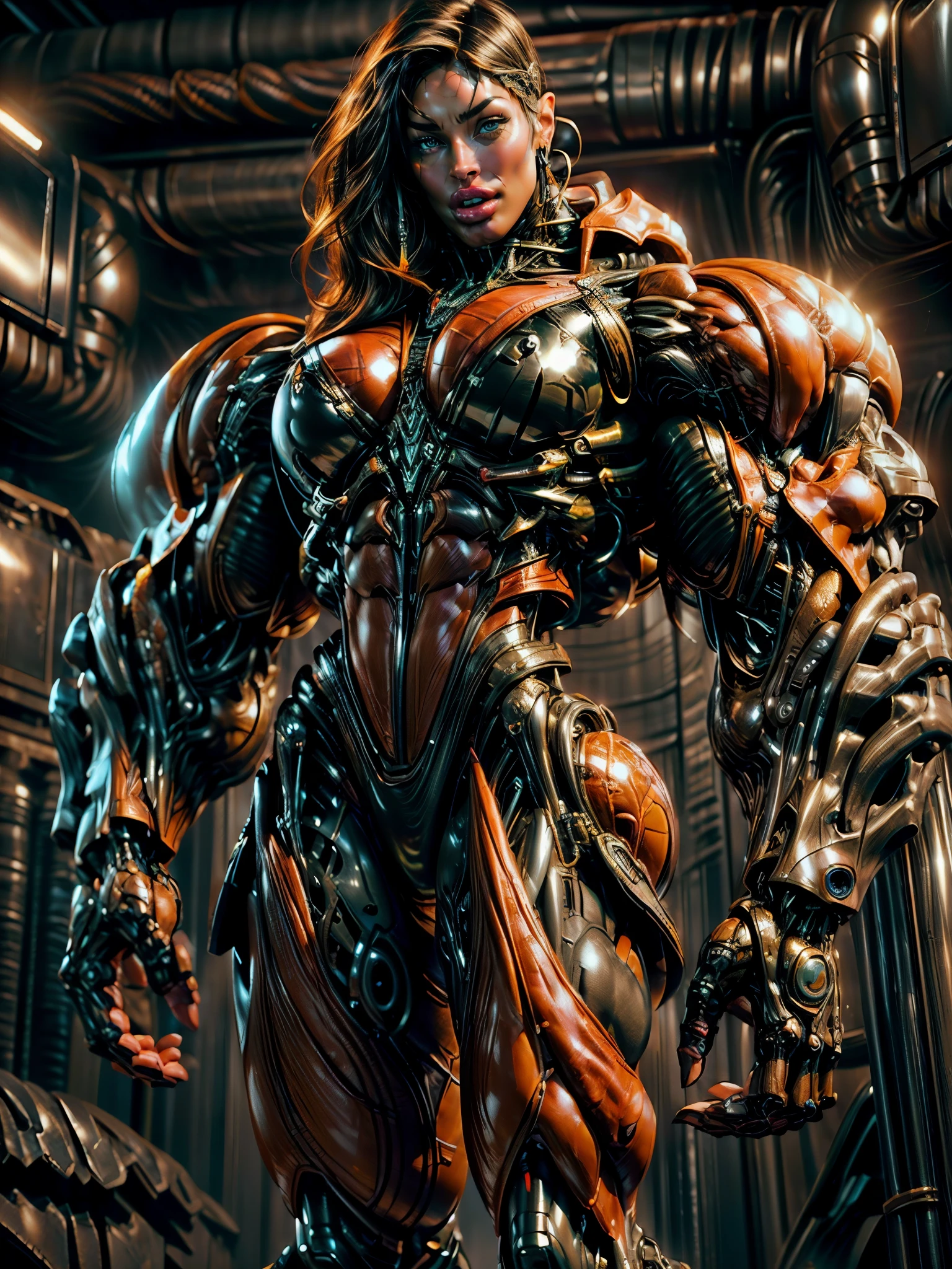 (1 girl), (megan fox:1.25), (muscular android girl wearing a black anatomic cybernetic muscle suit:1.25), (wide shoulders:1.25), (muscular defined physique:1.25), perfect hands, long hair, large breasts, high resolution image, extreme detail, blank background