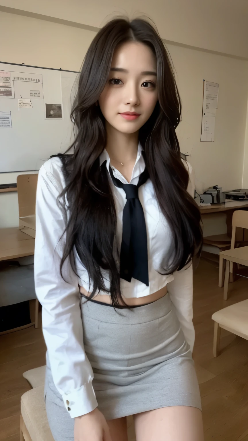 ((top-quality、8k、masterpiece:1.3))、Beautiful woman with perfect body:1.4、slim abdomen:1.2、Longhair, normal breast, Highly detailed facial and skin texture, A detailed eye, delicate eyes, double eyelid, (smile), (full body shot), ((classroom 1.1)), (sitting on chair), (((wearing stuudent uniform)), looking in front