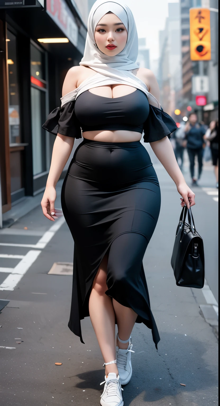 ((best quality)), ((masterpiece)), (detailed), perfect face, araffe woman in a dark-blue dress walking down a street, thicc, she has a jiggly fat round belly, bbwchan, wearing dress, skinny waist and thick hips, widest hips, her belly is fat and round, soft curvy shape, hyperrealistic full figure, wearing a cute dress , wide hips, cropped shoulders，Bare belly,(big assa:0.7),show legs,, thicc, beautiful thick female, beautiful curvy female,, Tall and tall，clear curvy details, curvy hourglass figure, alluring plus sized model, bbwchan, Voluptious body, Curvy model, Curvy body, Be red in the face, 1girll, a matural female, A MILF, the golden ratio,(Kpop idol),(Oil skin:0.72),(Oil skin:1.1), iremuzi tattoos on thighs, big tattoo on thighs, japanese goddess , korean Goddess , milky white skin, wearing hijab clothes, wearing sneakers 