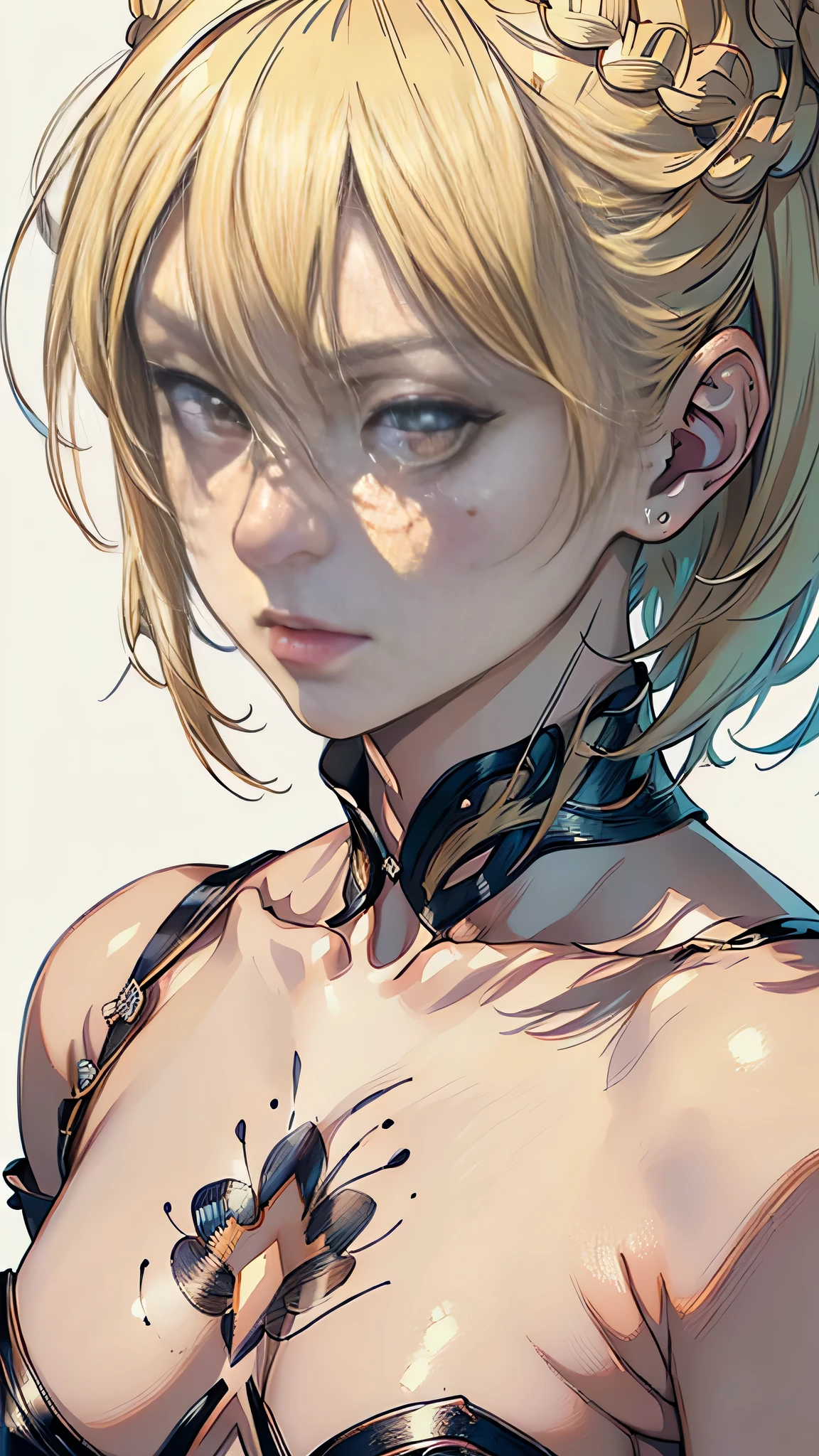 (1 girl: 1), (Beautiful: 1.5), (Masterpiece: 1.4), (Best quality: 1.3), (White background: 1.2), Kazuya Takahashi's Concept Art, (Blonde: 1.2), (Short hair: 0.9),
(Hyper-realistic: 1.4), (Detailed: 1.3), (Intricately drawn: 1.2), (Aesthetic: 1.1), (Realism: 1.4),
((Sublime drawing skills)): 1.3), ((Artistic vision): 1.2),