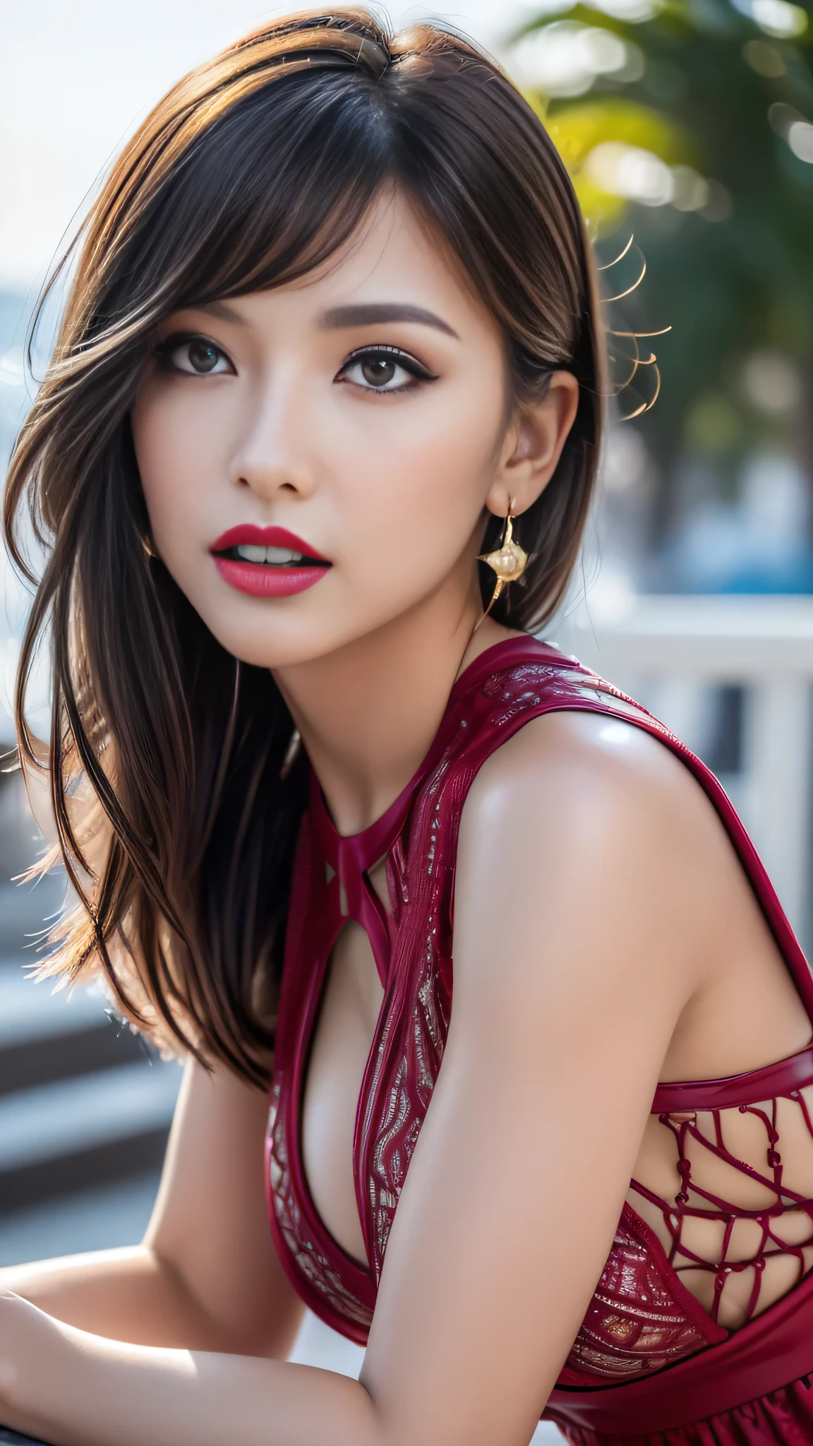 dress a beautiful girl with a perfect figure in something nice, made of available materials ((silk), canvas, nylon, ((fishnet)), ((latex, leather)), [lacy], (lace-up), (((jewelry:1.4))), (chain), bracelets, steel, pendants, ((earrings)), (sunglasses, handbag, phone, everyday items))), ((I encourage you to choose the right background for your phenomenally drawn creation)), (((Random hair color, hairstyle:1.22))), ((experiment, combine complex, multi-layered materialperiment with Armor and delicate materialperiment with the entire palette of colors and shadows)), ((anatomically correct:1.4)), ((perfect proportions:1.4)), (Increase quality:1.4), (best quality real texture skin:1.4), ( (photorealistic:1.55), (raw, 8K:1.2), (hyper realistic), (最high quality, 8K, 16K, table top, Ultra HD), (masterpiece:1.3) ), ((ultra sharp fous)), (((backlighting:1.25))), (super beautiful face:1.6)、(super detailed face:1.5)、(detailed eyes:1.2)、(detailed lips:1.32)、(Detailed nose:1.25)、Attention to detail, Double eyelids, full bodyesbian, and if you want, you are standing, kneeling, Sitting astride a chair, ((random facial expression)), (medium Contrast), (muted colors), long leg, medium ass, ((layer cut: 1.25)), ((Brightly colored clothing)), ((Lively,Active,vivaciousness)), (Erotic:1.6), (((fullcolored long dress:1.43))), (Look sideways, look up, look down), ((ultra sharp focus)), ((black_eyeshadows:1.4))、 (very dark dark red_lipstick:1.42)、(perfect round eyes)、 (brown_eyes:1.33)、 black_makeup:1.35、((very intricate design of epic long lace-up dress:1.32)), ( (beach night), (the stars are shining), (night), ((wind in your hair)) ), (firm normal full breasts:1.3), (looking at viewer), ((wide shot, sideways)), ((dynamic pose:1.25))