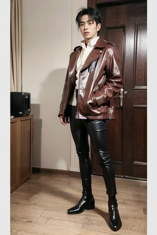 An 18-year-old boy wears a white latex tights、Protruding 、latex shiny,Full body photo , insane details , 16k , uhl , smooth graphic , unreal engine