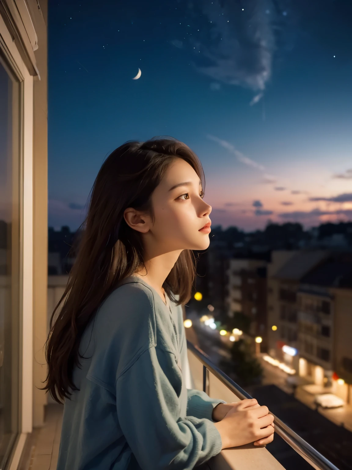 A beautiful woman. Dark brown hair. Twenty years old. She stares blankly at the night sky from the balcony of her apartment.