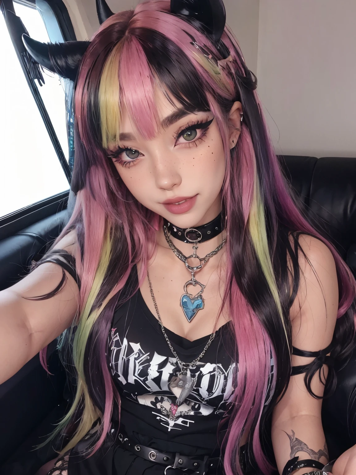 1girl, solo, egirl, rainbow hair, straight hair, freckles, devil horns, dog collar, eyeliner, mascara, eye shadow, smoky eyes, nose ring, grin, teeth, egirl_face, couch, selfie