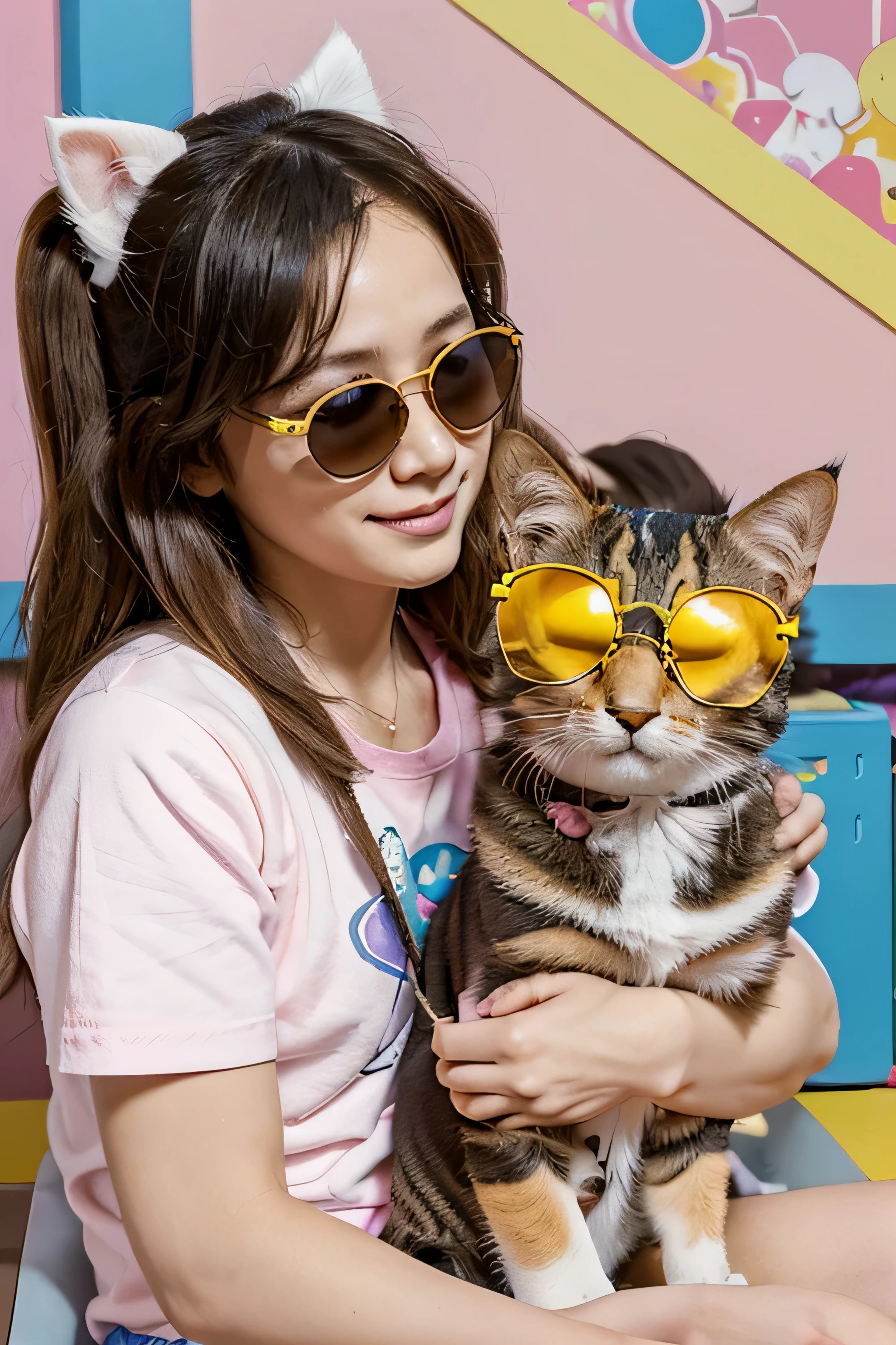 ??? boy with sunglasses with pet cat. Happy preschool boy taking care and cuddle fluffy pet. Cartoon vector illustration set of love and friendship between baby owner and his puppy and kitty. in the style of yoh nagao, lively tavern scenes, outdoors and, yellow and pink, drugcore, cult party kei, fragmented advertising, playful use of line.