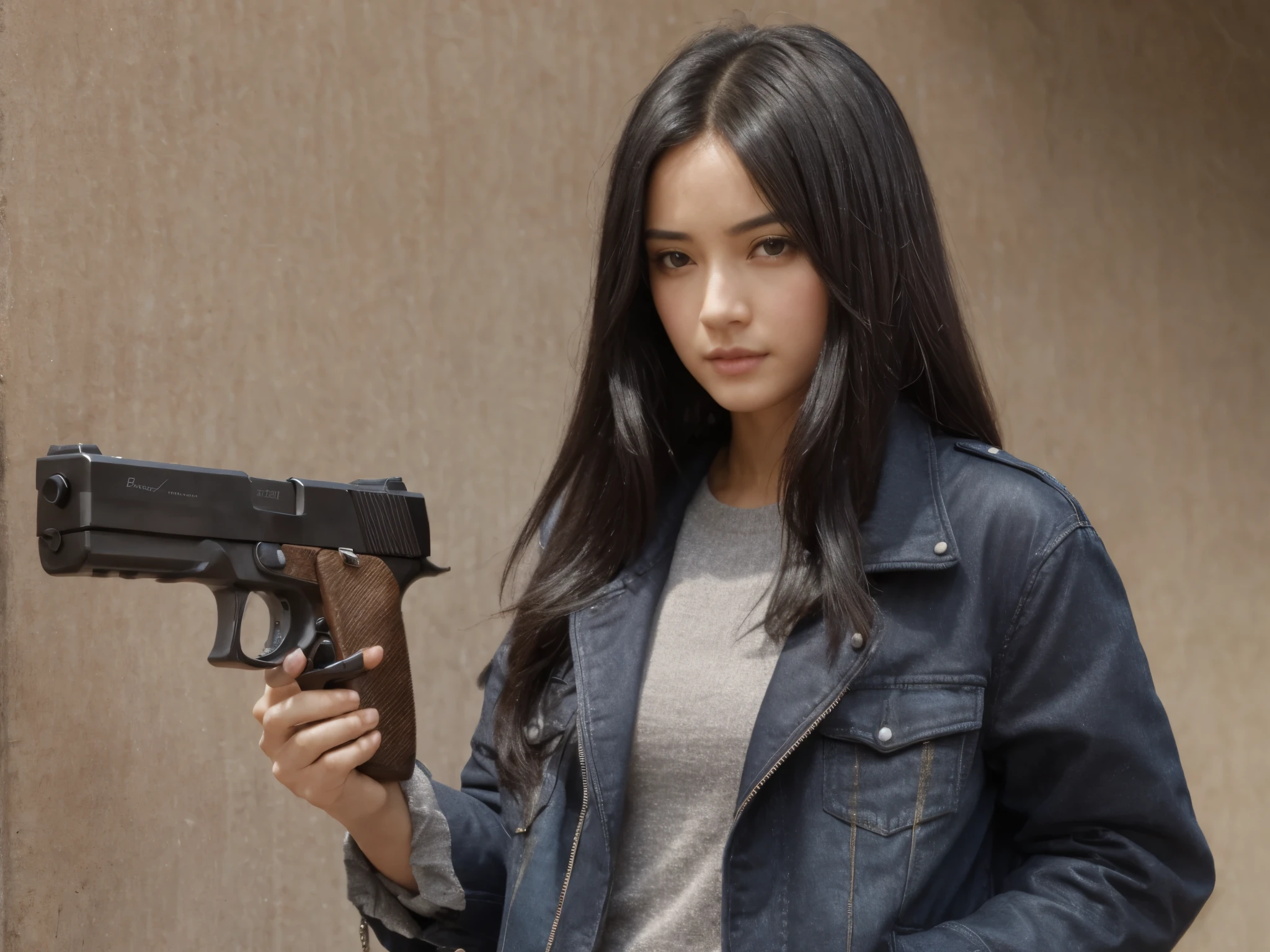 Beautiful,black hair,Heteropupil,Blue-brown eyes,wearing jacket,standing and holding a gun