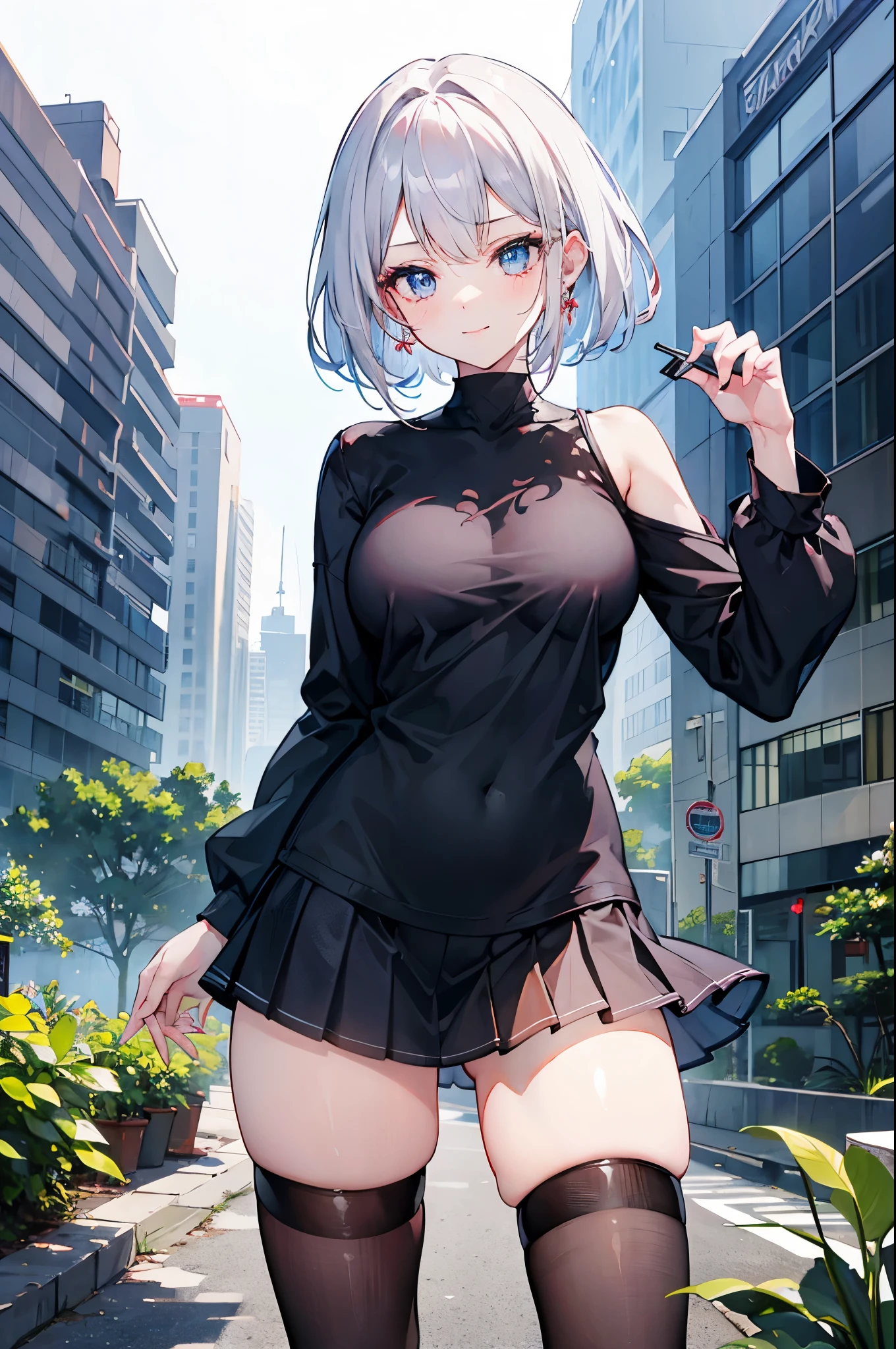 realistic image, coherent image, detailed image, 1 beautiful girl. She has short, white hair. Her eyes are blue, long eyelashes. Her face is oval and delicate, smiling. She is wearing a long-sleeved, shoulder-baring, off-shoulder top, pleated mini skirt, and mid-thigh stockings. She has a curvy body, medium breasts, thick thighs. sexy pose. Background of destroyed buildings, surrounded by nature, natural lighting, volumetric lighting,