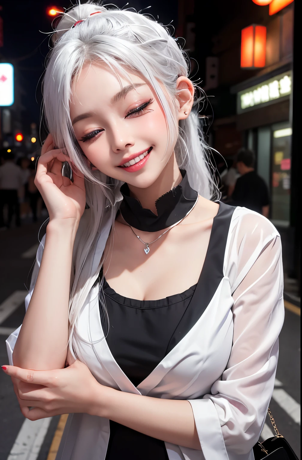 woman, white shirt, black dress, large breasts, heavy makeup, ponytail, detailed Tokyo street , cute grin, teeth, white hair, blush, eyeliner, white lips, eyes closed, head tilt, heart necklace