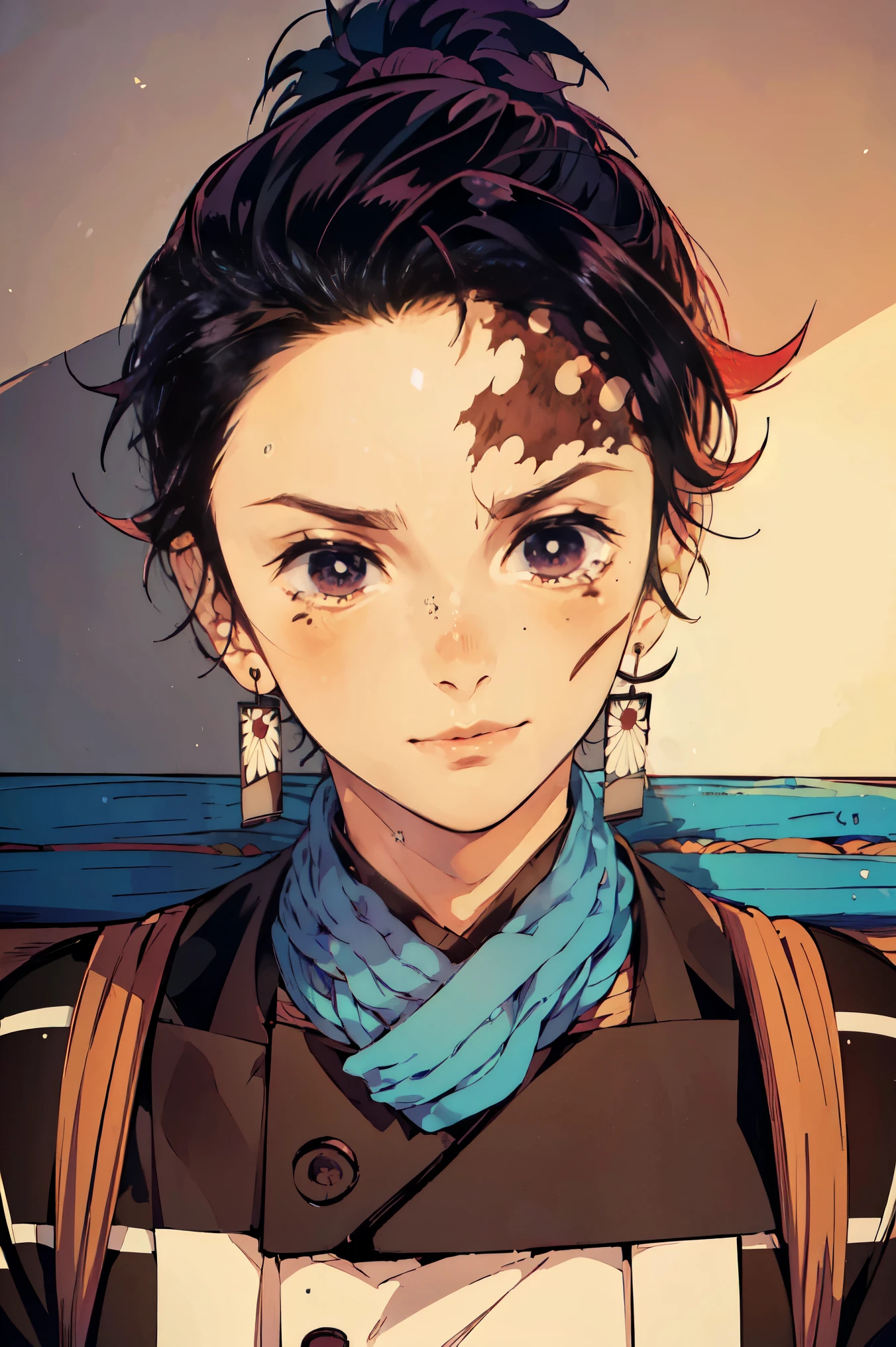 (best quality, ultra-detalhado, realismo:1.37),Tanjiro, macho, happy facial expression