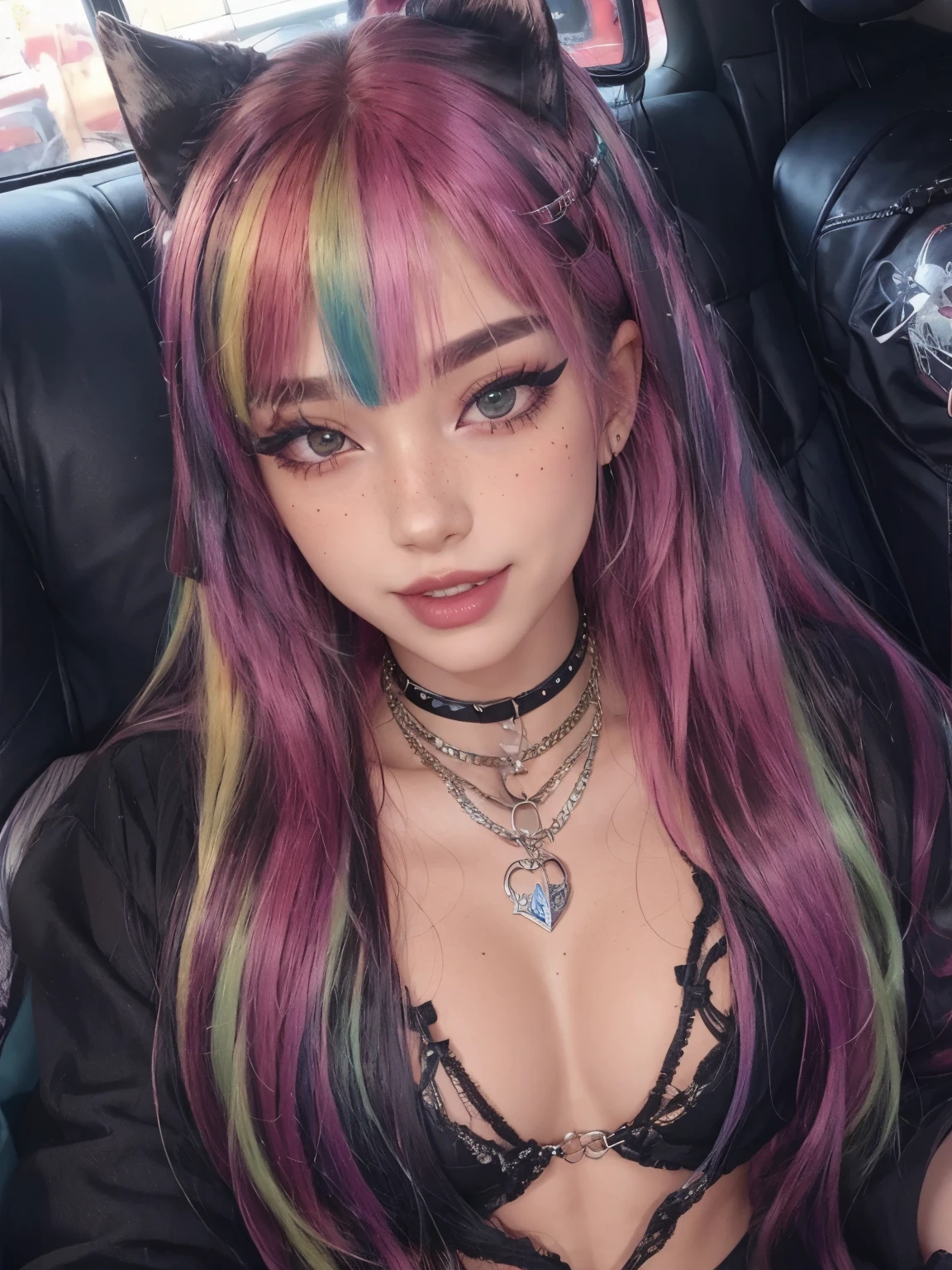 1girl, solo, egirl, rainbow hair, straight hair, freckles, devil horns, dog collar, eyeliner, mascara, eye shadow, smoky eyes, nose ring, grin, teeth, egirl_face, couch, selfie