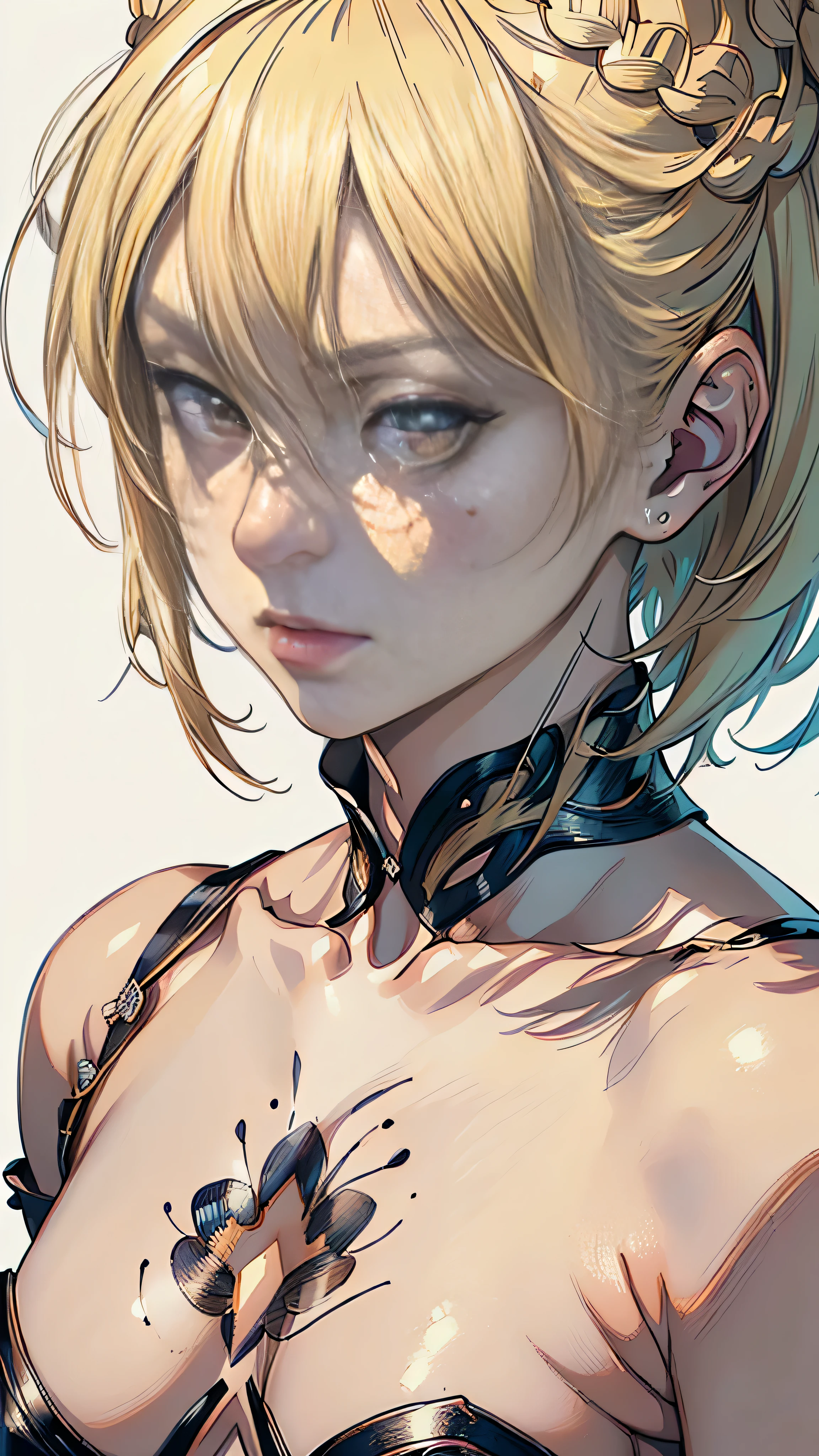 (1 girl: 1), (Beautiful: 1.5), (Masterpiece: 1.4), (Best quality: 1.3), (White background: 1.2), Kazuya Takahashi's Concept Art, (Blonde: 1.2), (Short hair: 0.9),
(Hyper-realistic: 1.4), (Detailed: 1.3), (Intricately drawn: 1.2), (Aesthetic: 1.1), (Realism: 1.4),
((Sublime drawing skills)): 1.3), ((Artistic vision): 1.2),