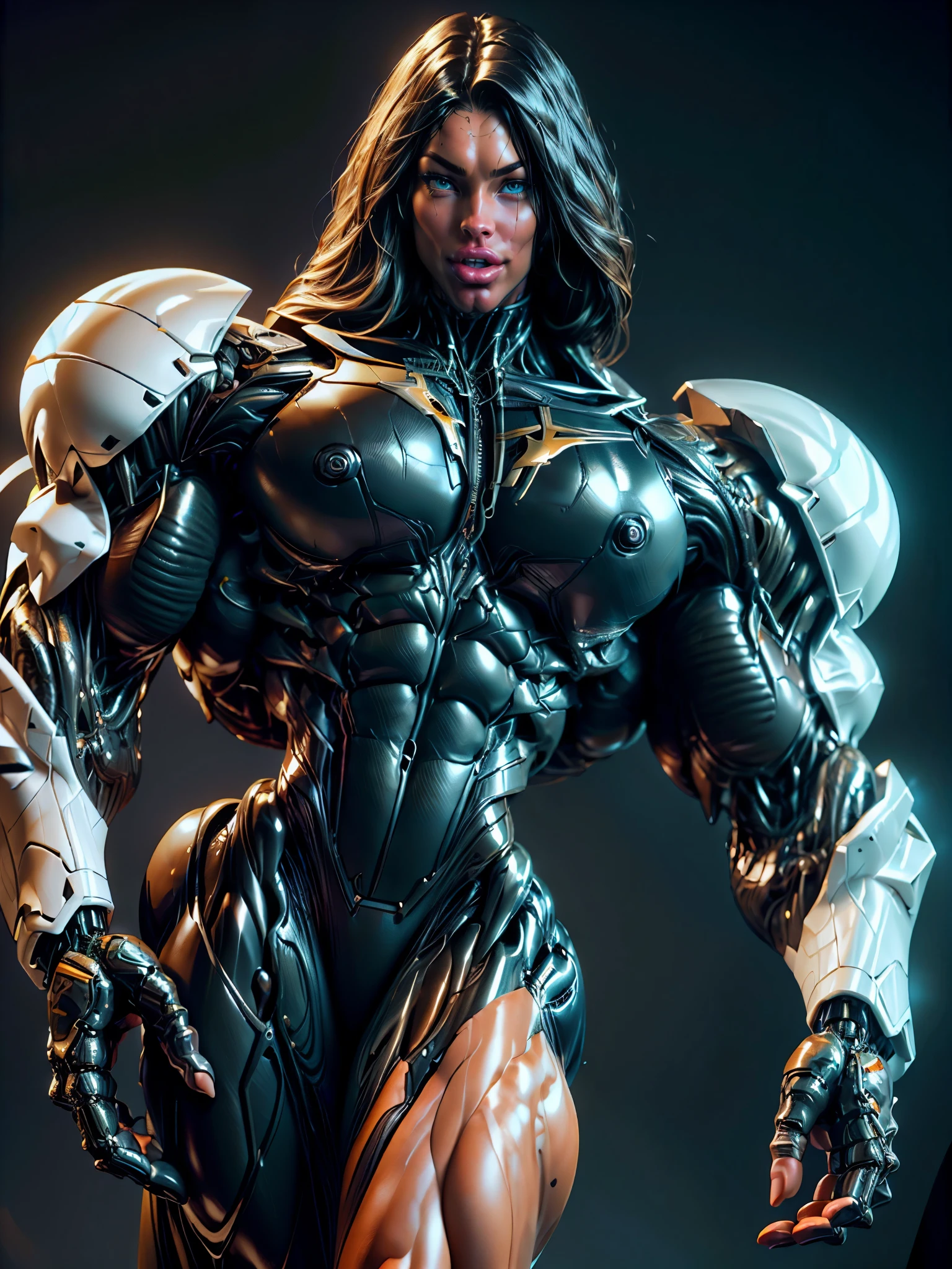 (1 girl), (megan fox:1.25), (muscular android girl wearing a black anatomic cybernetic muscle suit:1.25), (wide shoulders:1.25), (muscular defined physique:1.25), perfect hands, long hair, large breasts, high resolution image, extreme detail, blank background