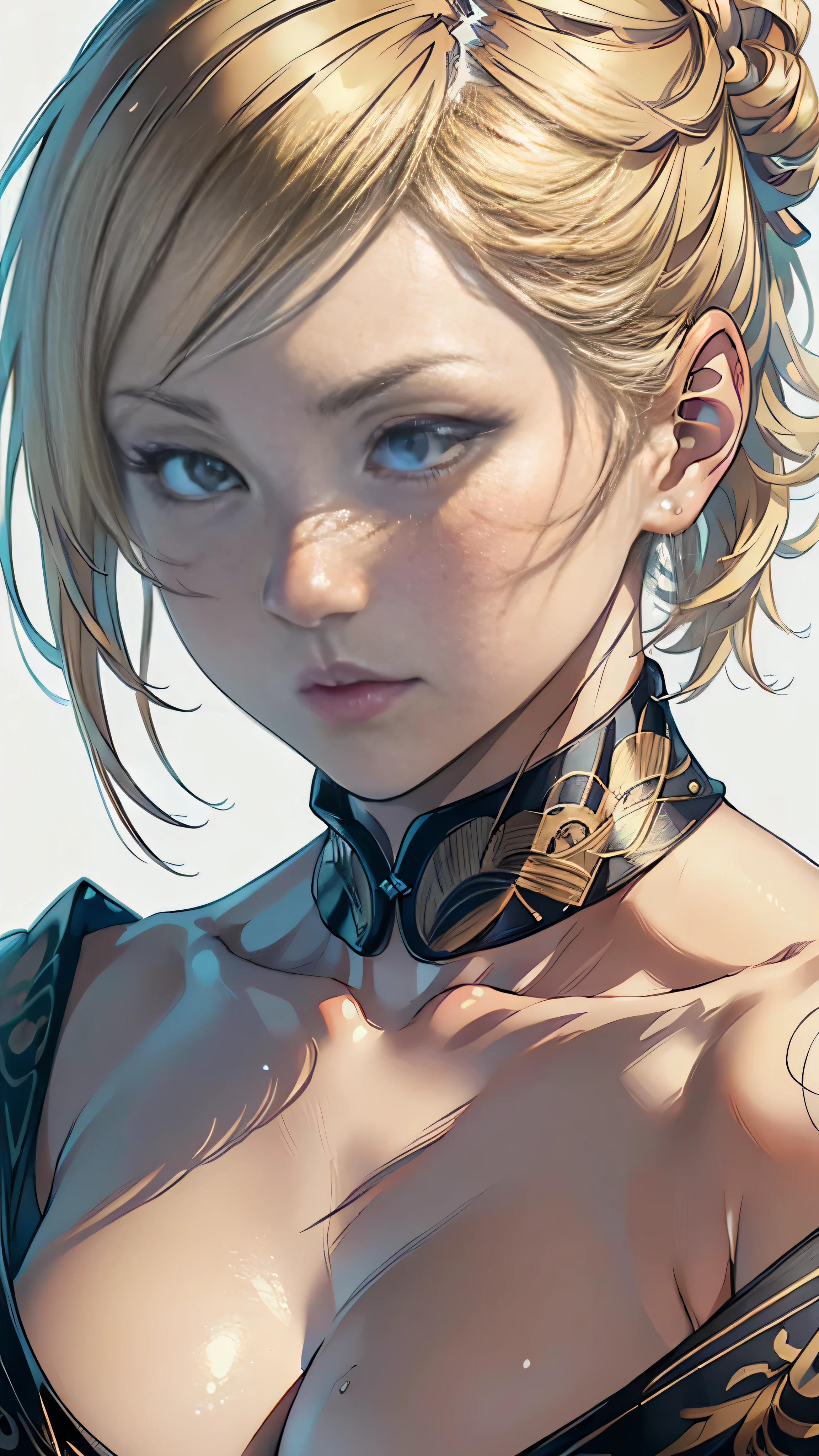 (1 girl: 1), (Beautiful: 1.5), (Masterpiece: 1.4), (Best quality: 1.3), (White background: 1.2), Kazuya Takahashi's Concept Art, (Blonde: 1.2), (Short hair: 0.9),
(Hyper-realistic: 1.4), (Detailed: 1.3), (Intricately drawn: 1.2), (Aesthetic: 1.1), (Realism: 1.4),
((Sublime drawing skills)): 1.3), ((Artistic vision): 1.2),