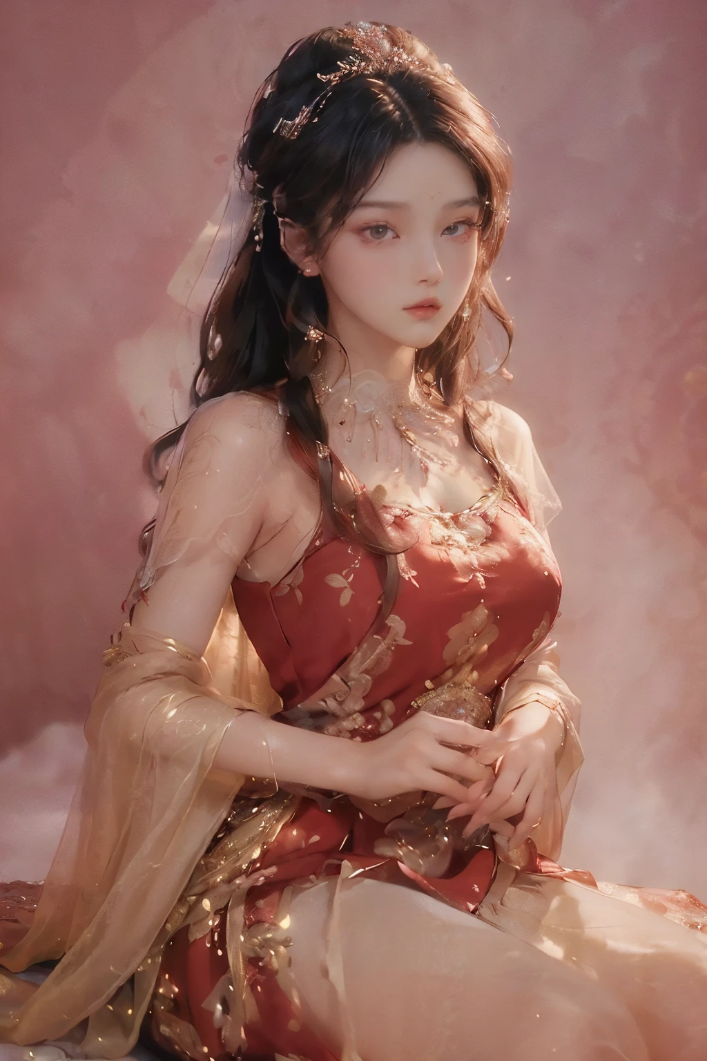(tmasterpiece: 1.4), (Best picture quality: 1.4), (HD 8K wallpaper: 1.3), (Beautiful picture: 1.5), (Elegant single woman: 1.3), (Round dress: 1.2), (Shiny eyes: 1.1), (Detail at its best: 1.6), (An exquisite masterpiece: 1.5), (Pure beauty and delicate aesthetics: 1.3), (Gentle and elegant pose: 1.2), (Attention to detail: 1.4), (Reddish brown lace round dress: 1