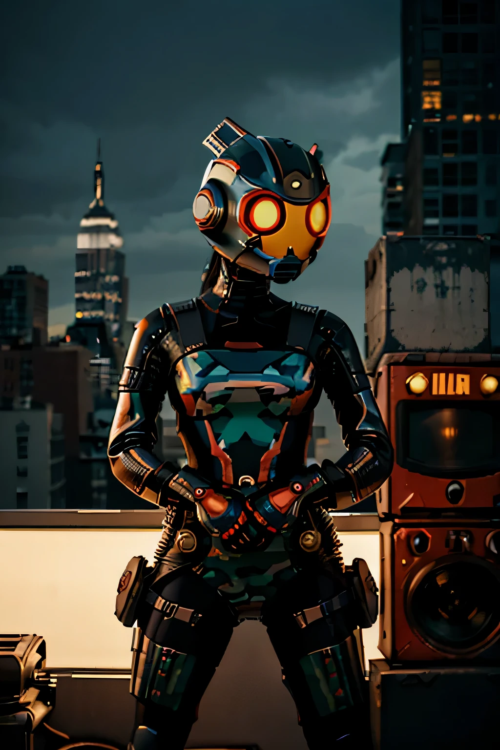 Un dibujo animado plano moderno Loco con un Big ONE, un robot con un solo ojo y un casco estilo Rocketeer, pinzas en las manos, television head, cabeza de alfiler, camuflaje rojo oxidado, Environment in a super detailed New York City., centro, hermoso, soft lighting, centrado en el personaje, 4k resolution, renderizado fotorrealista.
