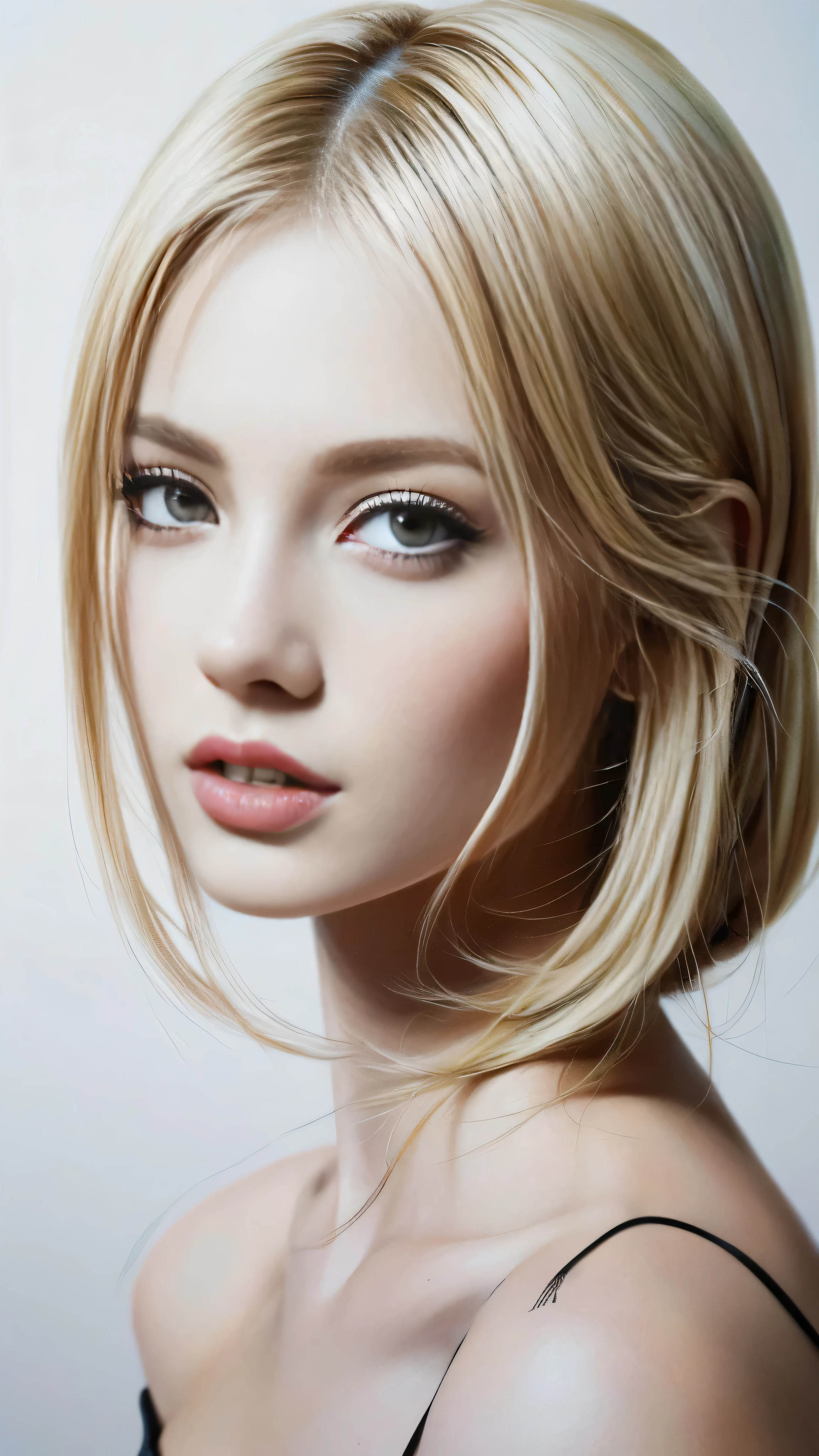 High quality images,(1 girl: 1), (Beautiful: 1.5), (Masterpiece: 1.4), (Best quality: 1.3), (White background: 1.2), (Blonde: 1.2), (Short hair: 0.9), (Hyper-realistic: 1.4), (Detailed: 1.3), (Intricately drawn: 1.2), (Aesthetic: 1.1), (Realism: 1.4), ((Sublime drawing skills)): 1.3), ((Artistic vision): 1.2),