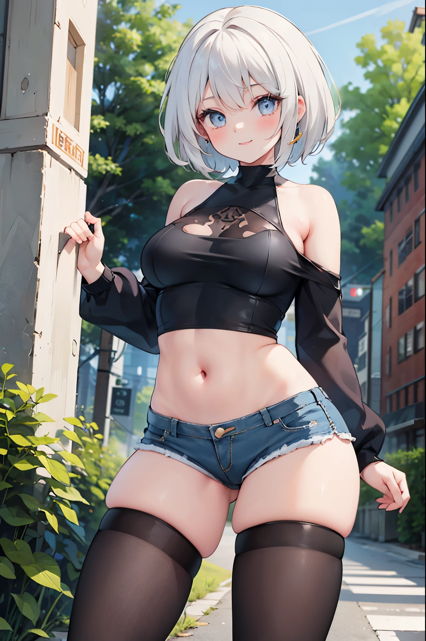 realistic image, coherent image, detailed image, 1 beautiful girl. She has short, white hair. Her eyes are blue, long eyelashes. Her face is oval and delicate, smiling. She is wearing a long-sleeved off-the-shoulder t-shirt, showing her navel, ripped shorts, and mid-thigh stockings. She has a curvy body, medium breasts, thick thighs. sexy pose. Background of destroyed buildings, surrounded by nature, natural lighting, volumetric lighting,