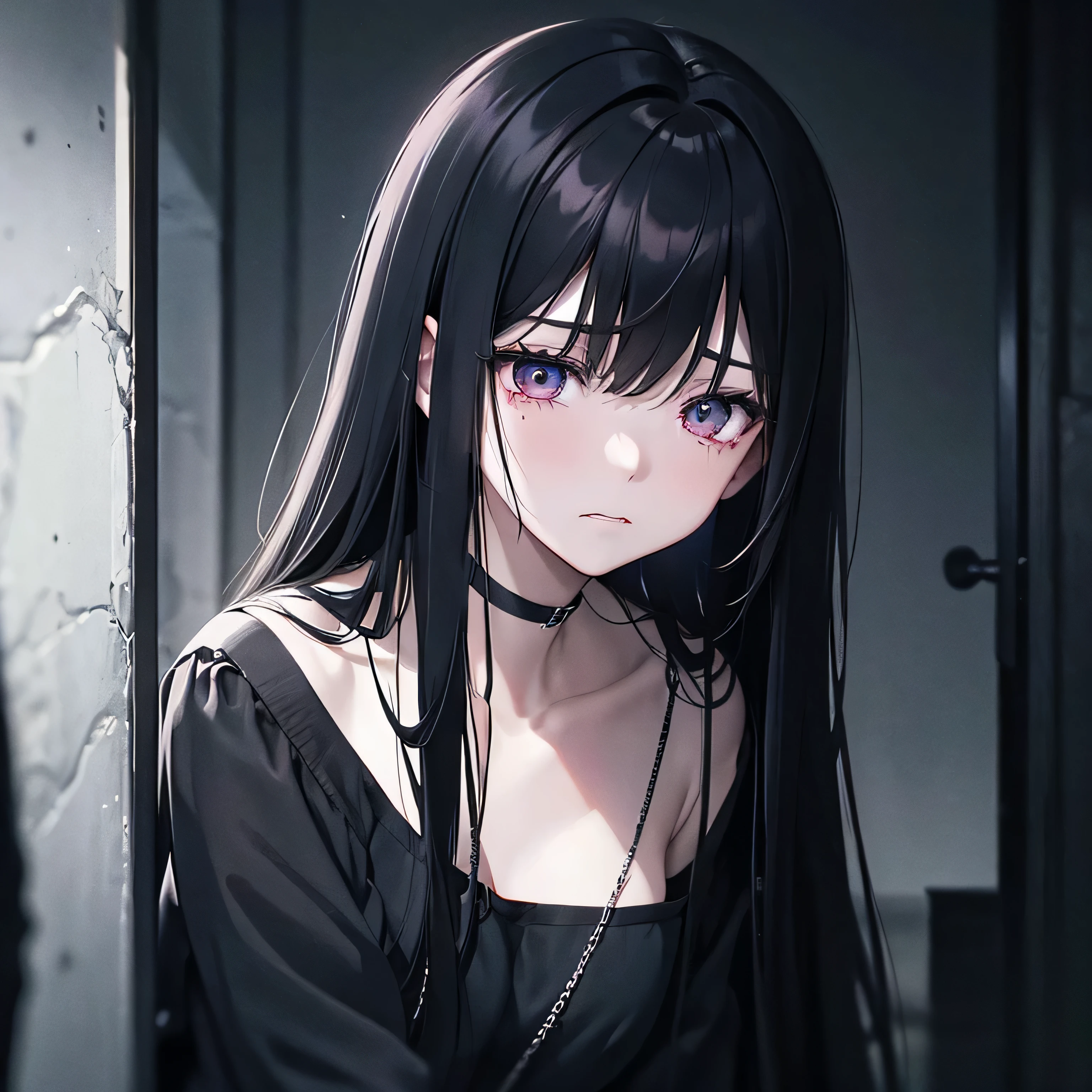 dark atmosphere, Emotional, melancholic key visual, rich colors, extremely difficult、My cheek cracked and collapsed.、bite'lips、