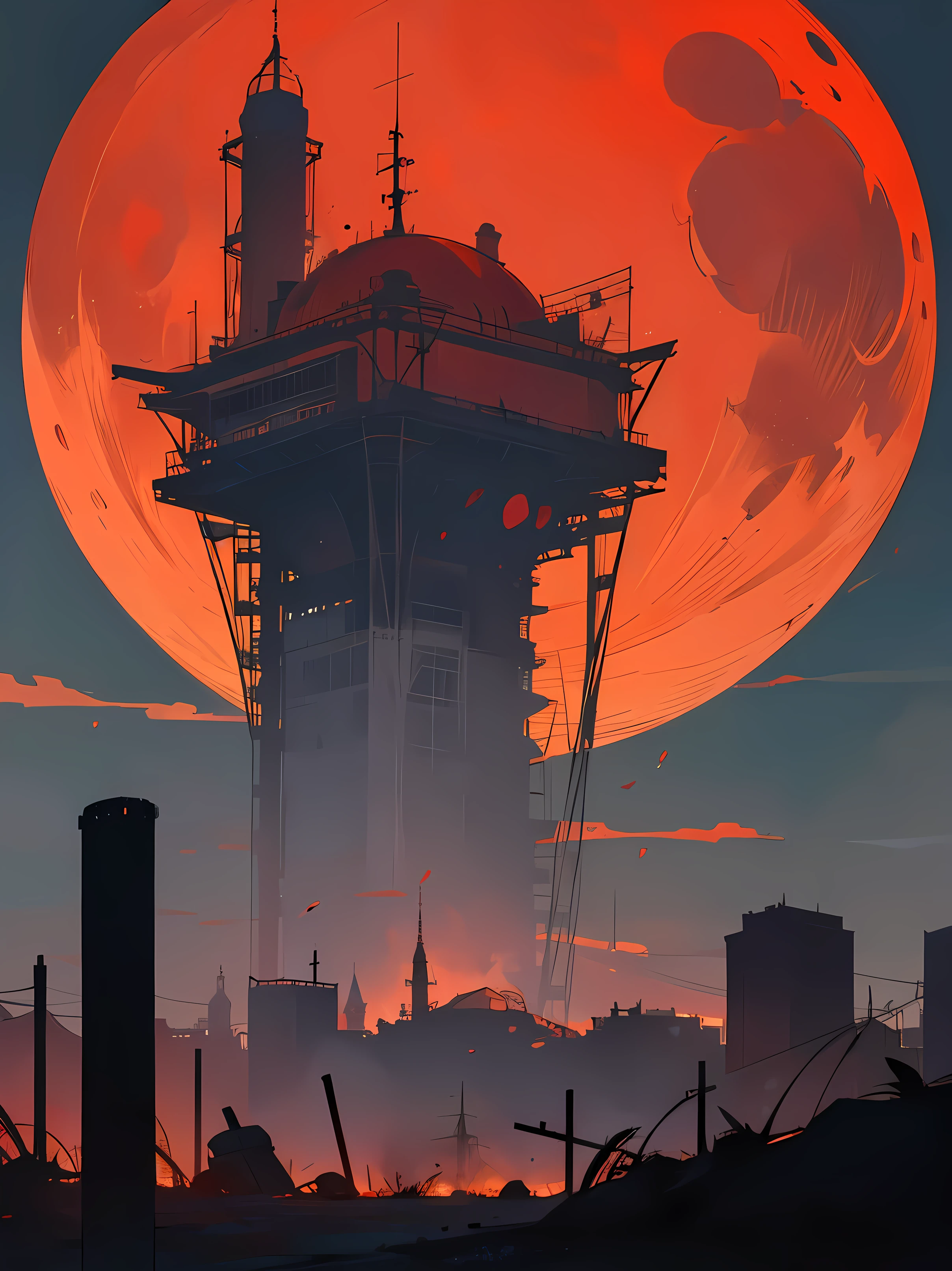 The sky turned red.Big red moon visible.Under the moon stands a dilapidated modern city in the shape of a circle with high walls...,ditches,towers and cannons.Swarms of monsters come from the wastelands in hordes..