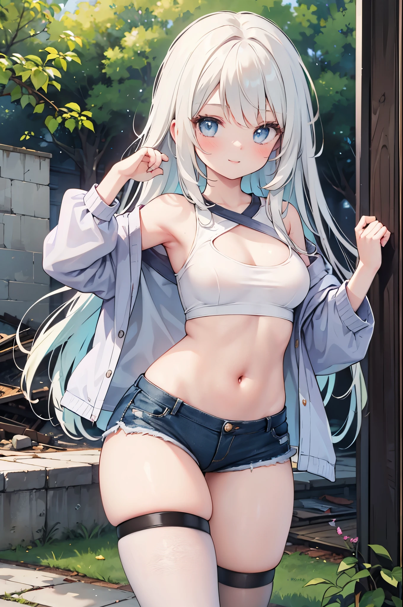 realistic image, coherent image, detailed image, 1 beautiful girl. She has short, white hair. Her eyes are blue, long eyelashes. Her face is oval and delicate, smiling. She is wearing a long-sleeved off-the-shoulder t-shirt, showing her navel, ripped shorts, and mid-thigh stockings. She has a curvy body, medium breasts, thick thighs. sexy pose. Background of destroyed buildings, surrounded by nature, natural lighting, volumetric lighting,