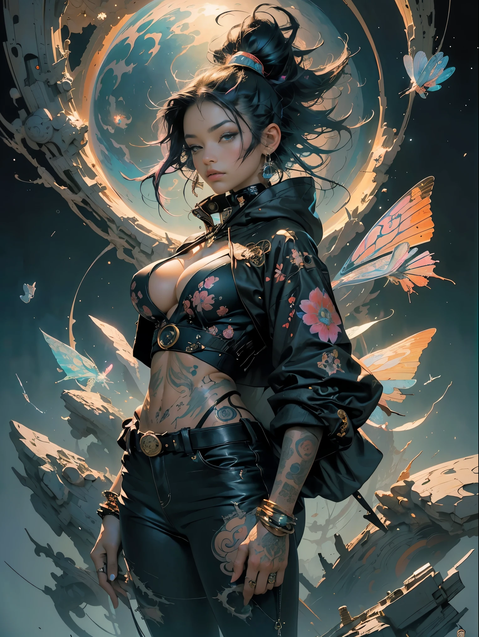 (masterpiece, top quality, best quality, official art, beautiful, cosmic, atmospheric, psychedelic, dreamlike, swirling psychedelic cosmic graffiti patterns and aesthetic:1.2), (1girl, neon black mohawk hair, beautuful highly detailed Harajuku-inspired hooded punk rock hip hop clothing torn skinny jeans, tons of tattoos and piercings, super huge enormously gigantic tits, cleavage showing), extreme detailed,(fractal art:1.3),colorful,highest detailed, cherry blossoms and butterflies blowing in the wind