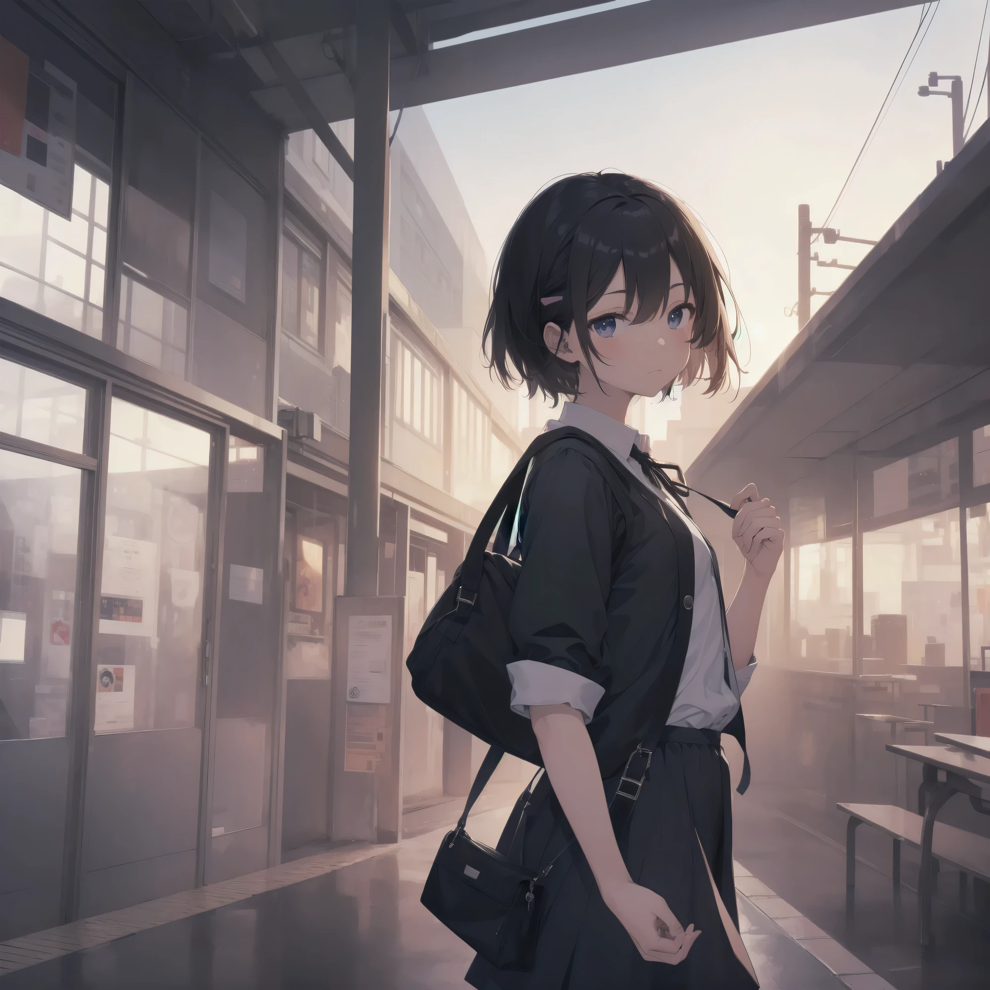 Super absurd quality by the god of art, super detailed, High resolution, anime moe art style, Best Anime 8K Kona-chan Wallpaper, pixiv contest winner, perfect anatomy, break,(眠そうにalone学校へ行く女の子を描いてください. )break,1 girl, (alone,little woman, baby face, 13 years old:1.3),All limbs, full finger,, The charm of an immature body, (very short hair), bangs, flat chest, Small Bodysuits, small ass, between legs, small black eyes, detailed and beautiful eyes, Well-proportioned iris and pupils, expressive eyes, sleepy eyes, High resolutionの詳細な髪, ribbon, neck ribbon, skirt, collared shirt, pleated skirt, school uniform, school bag,(detailed lighting), (detailed background), On the way to school. break,super dense skin, Best movie lighting by famous artists, 8k,cute illustration,photoshop_(Moderate),Absurd Hi-Res,Hmm,rough skin