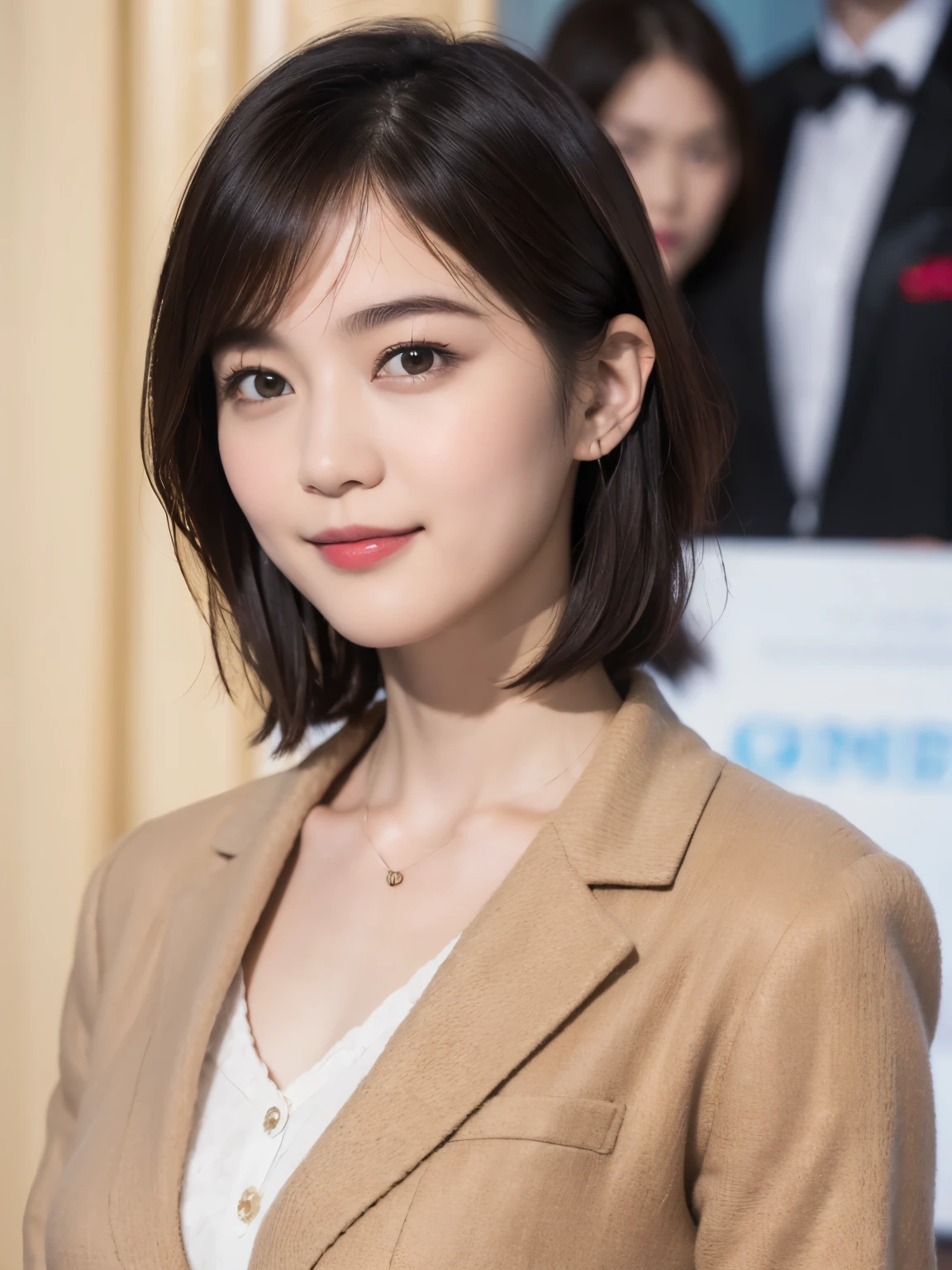 169
Shorthair, a 20 yo woman, gentle smile, working suit, spy movie poster