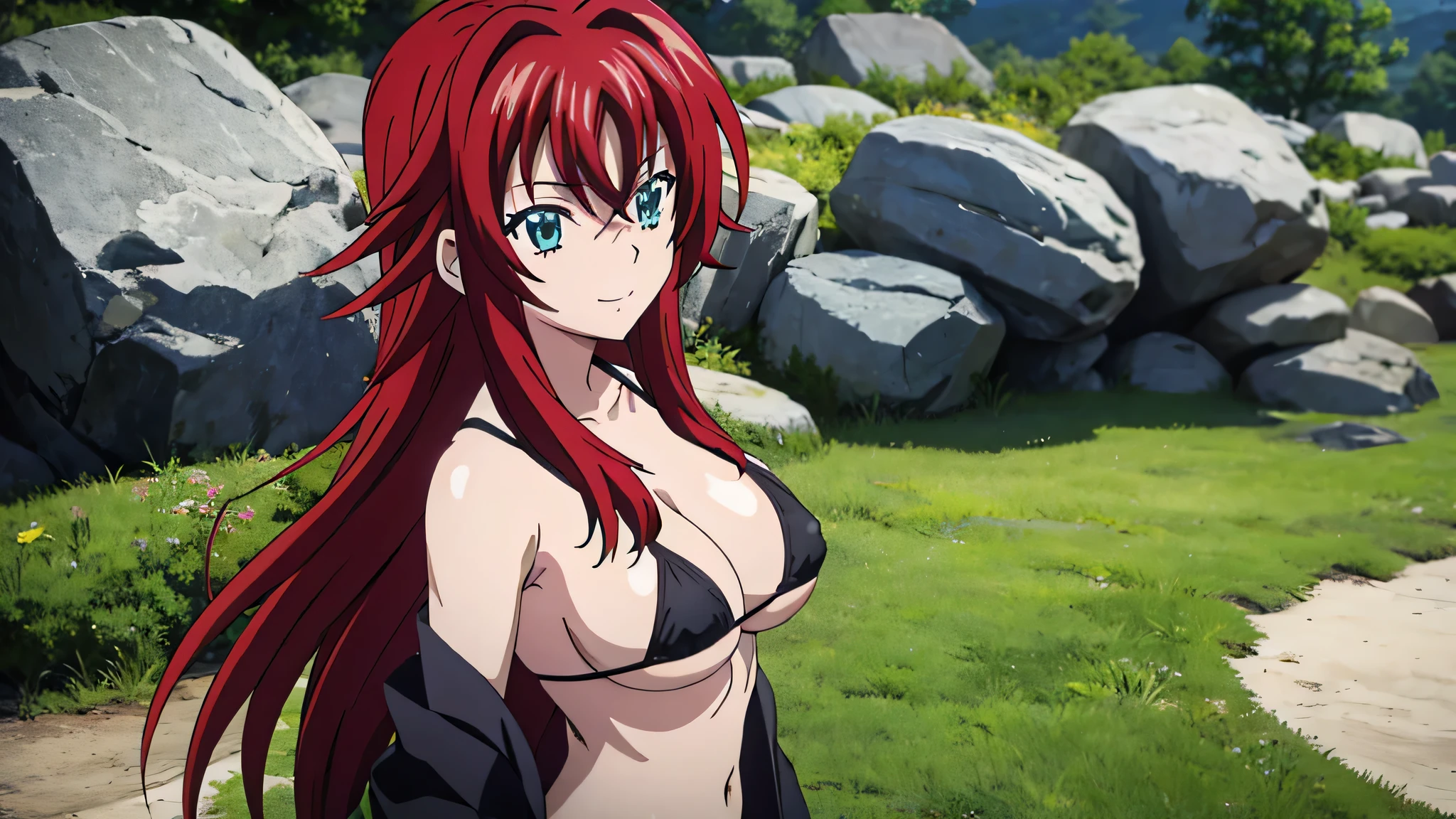(((picture perfect))), (absurdres), 1girl, solo, rias gremory, shy smiling face, ((upper body)), (large breasts), ((wearing micro bikini))