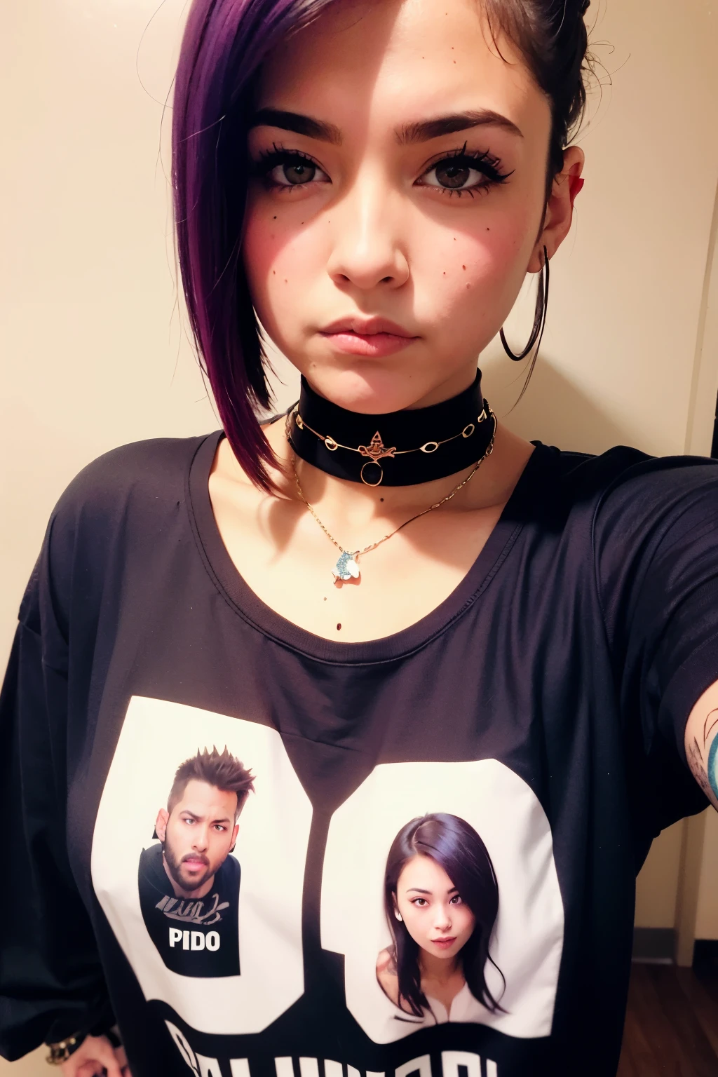 ((Mejor calidad)), ((Obra maestra)), (detallado),frontal portrait, cara perfecta, sexy, purple hair, beautiful angry late  latin urban punk girl with tattoos taking a selfie, dressed only with an oversized sexy man tee shirt, choker, spike bracelet, punk jewelry