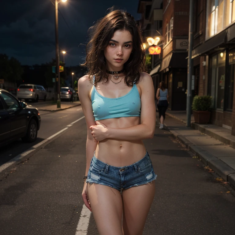 ((medium chest, long hair, small head)), daylight, sunlight, (well-defined abs: 1.1), (perfect body: 1.1), (short wavy hair: 1.2), russet hair, collar, chain, full body photo, shabby street, wearing a black tank top, denim jacket, ((shorts)), (extremely detailed CG 8k wallpaper), (extremely delicate and beautiful), (masterpiece), (Best Quality: 1.0), (Ultra Resolution: 1.0), Beautiful Lighting, Perfect Lightning, Realistic Shadows, [High Resolution], Detailed Skins, Ultra Detailed