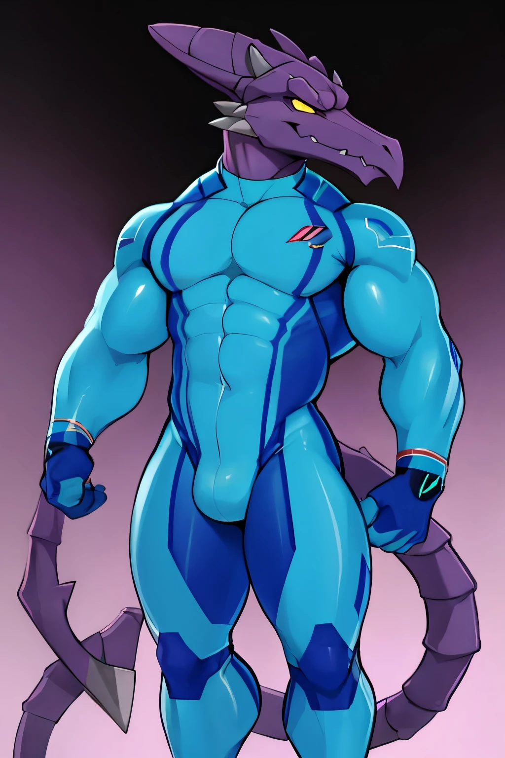 zero suit ridley, anthropomorphic, muscular, shiny spandex, full body portrait, blue spandex catsuit