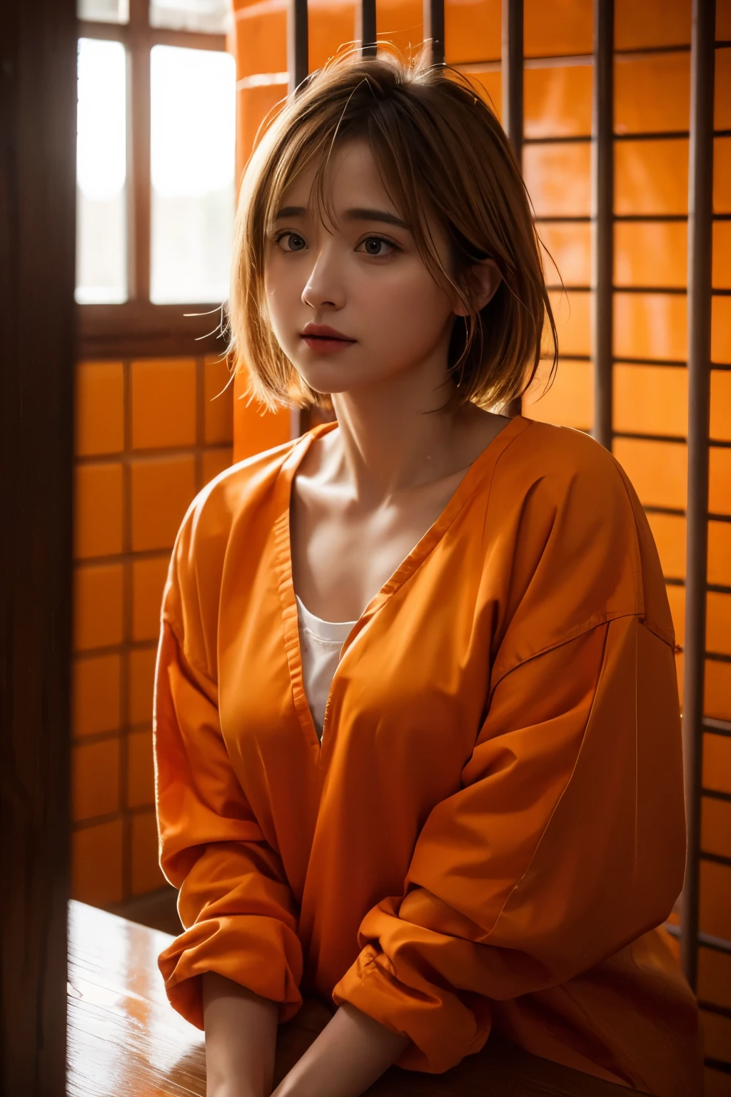 ((realism)), extremely high quality RAW photograph, detailed background, intricate, messy hair, Exquisite details and textures, highly detailed, Photo of (Allison Mack) in a prison cell, (wearing orange prison clothes:1.3), Looking away from the camera, ultra detailed photograph, warm lighting, artstation, 4k, sharp focus, high resolution, detailed skin, detailed eyes, 8k uhd, dslr, low harsh lighting, high quality, film grain, Fujifilm XT3, sad:1.3