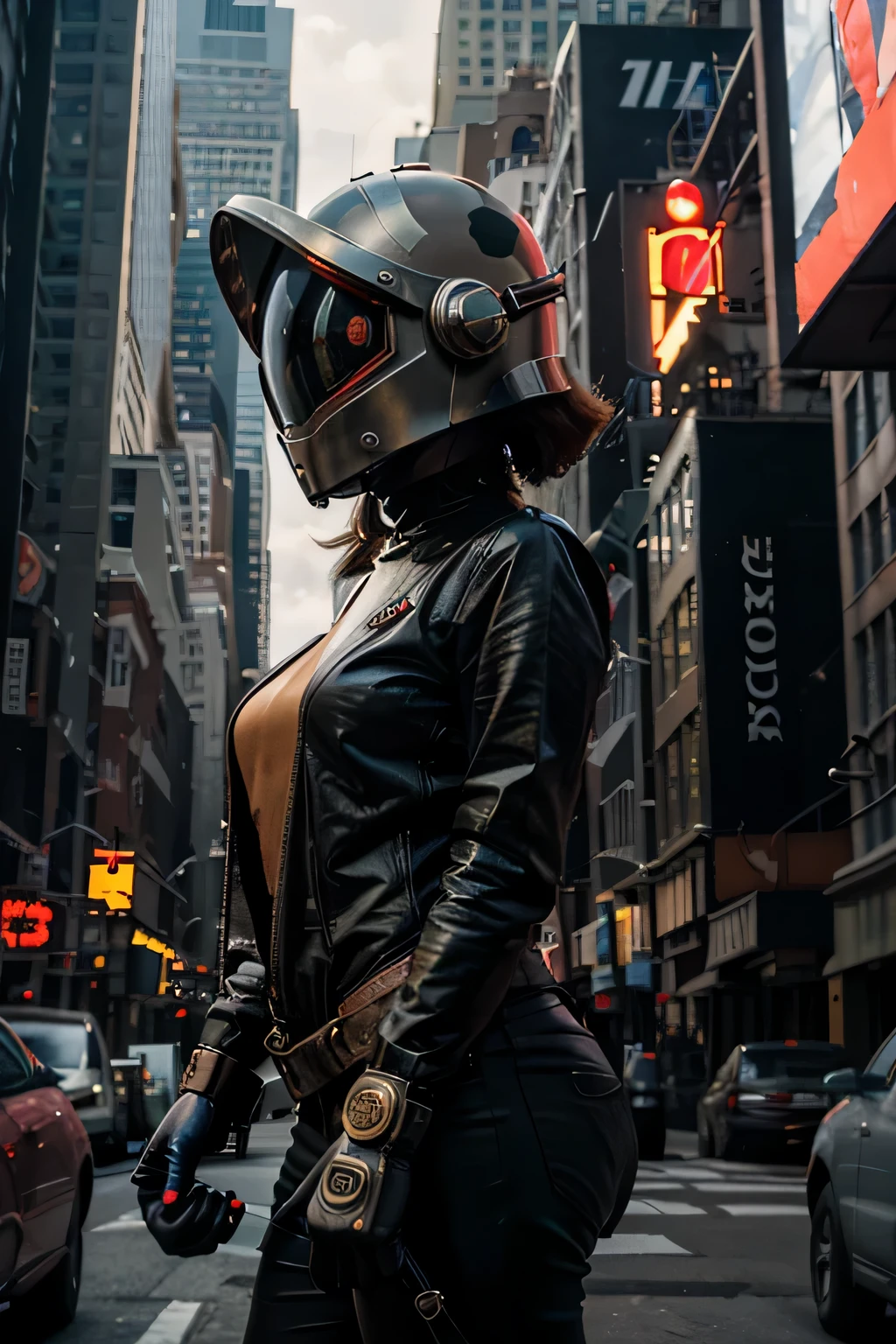 Un dibujo animado plano moderno Loco con un Big ONE, un robot con un solo ojo y un casco estilo Rocketeer, pinzas en las manos, television head, cabeza de alfiler, camuflaje rojo oxidado, Environment in a super detailed New York City., centro, hermoso, soft lighting, centrado en el personaje, 4k resolution, renderizado fotorrealista.