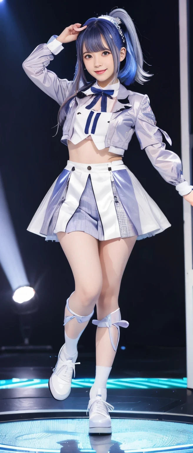 cyber idol、whole body、good style、、、、、silver and blue shiny costume、colorful hair