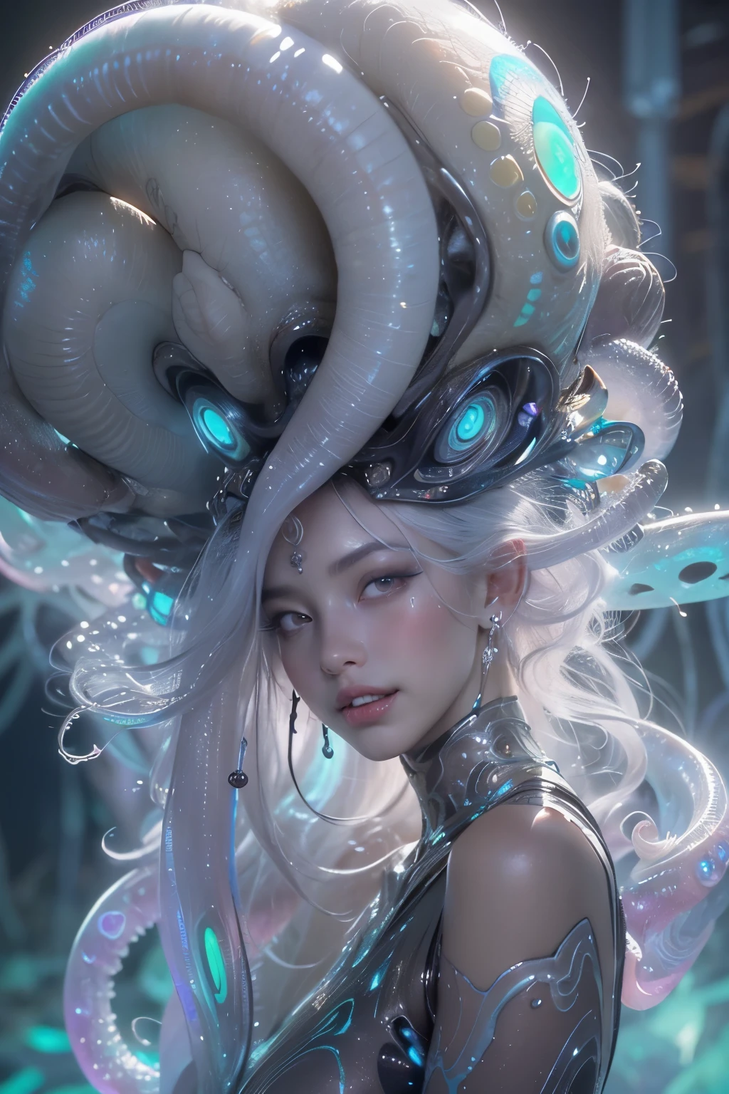 (1 beautiful and obscene female alien in the water of the deep sea:1.4), (There is a female genital-like organ in the middle of the forehead:1.95), has hair like medusa, (From her head there are many poisonous translucent white tentacles that look like hair:1.5), (she has no pupils、Looking down at the viewer with glowing iridescent or scarlet eyes:1.6), (She has crystal clear white skin:1.6),(she has the most beautiful face in the history of the universe:1.5), (She has multiple bioluminescence organs on the side of her white tentacles:1.5), (Her body is covered with an iridescent exoskeleton:1.4), (she shows her armpit dimples:1.6), an evil gaze that seduces, (From the gap between your cute lips、Long canine teeth peek out like a vampire:1.4) (bioluminescence:1.4), (sexy pose:1.4), alien, there are no humans, (cells are fused:1.3), extraterrestrial, cell, bio image, ultra High resolution, (realistic pictures:1.7), (Number of award-winning masterpieces々, incredibly detailed, Texture and maximum detail), dramatic lighting, cinematic quality, (exquisite details:1.2), High freshness, draw faithfully, (thick eyebrows:1.2), Beautiful eyes with high bilateral symmetry,(highly detailed face and eyes:1.2),(Super detailed skin texture:1.4), perfect anatomy, (Beautiful toned body:1.5), (moist skin:1.2), not wearing makeup, (Bear:1.1), drawing cinematic characters, cinematic quality, (exquisite details:1.2), High resolution, High freshness, draw faithfully, official art, Unity 8K 壁紙, Super detailed artistic photography, midnight aura, unreal engine 5, super sharp focus, art by Amano Yoshitaka, art germ, ultra realistic realism, fantasy creation, dream snail, (biopunk nautilus:1.3),thrilling color scheme, smile seductively, amazing mutation, well-proportioned body, goddess of the deep sea, fractal, Geometric pattern, she has a great figure, Subtle emerald green accents, (expression of ecstasy:1.5)