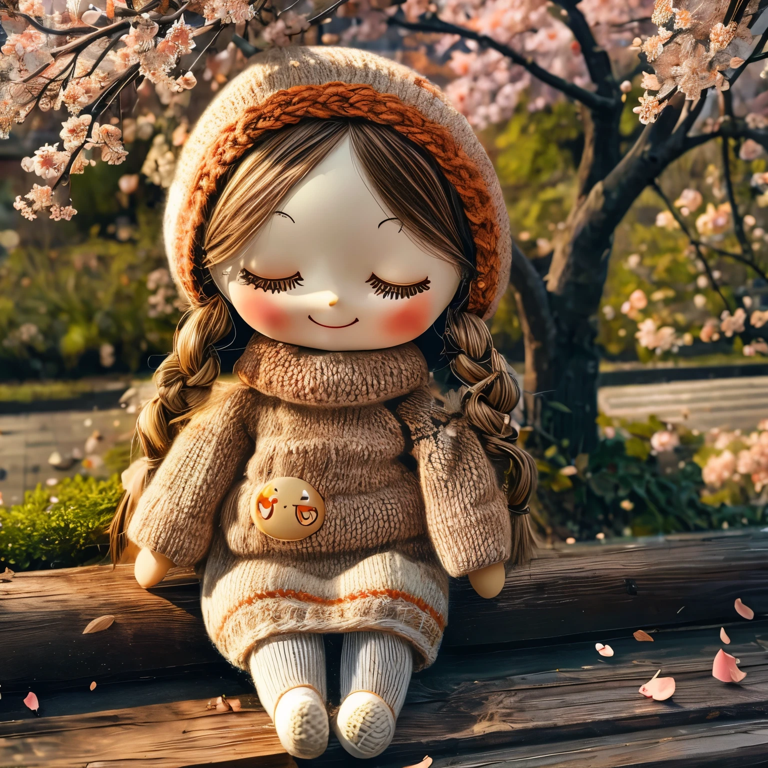 (masterpiece, best quality:1.2),knitted doll，smiley face，riverside，under the cherry blossom tree，Cherry blossoms all over the ground，Sakura petals flying background，Sakura petals are floating in the air，depth of field，backlight，Light particles flutter，Light effect，8k