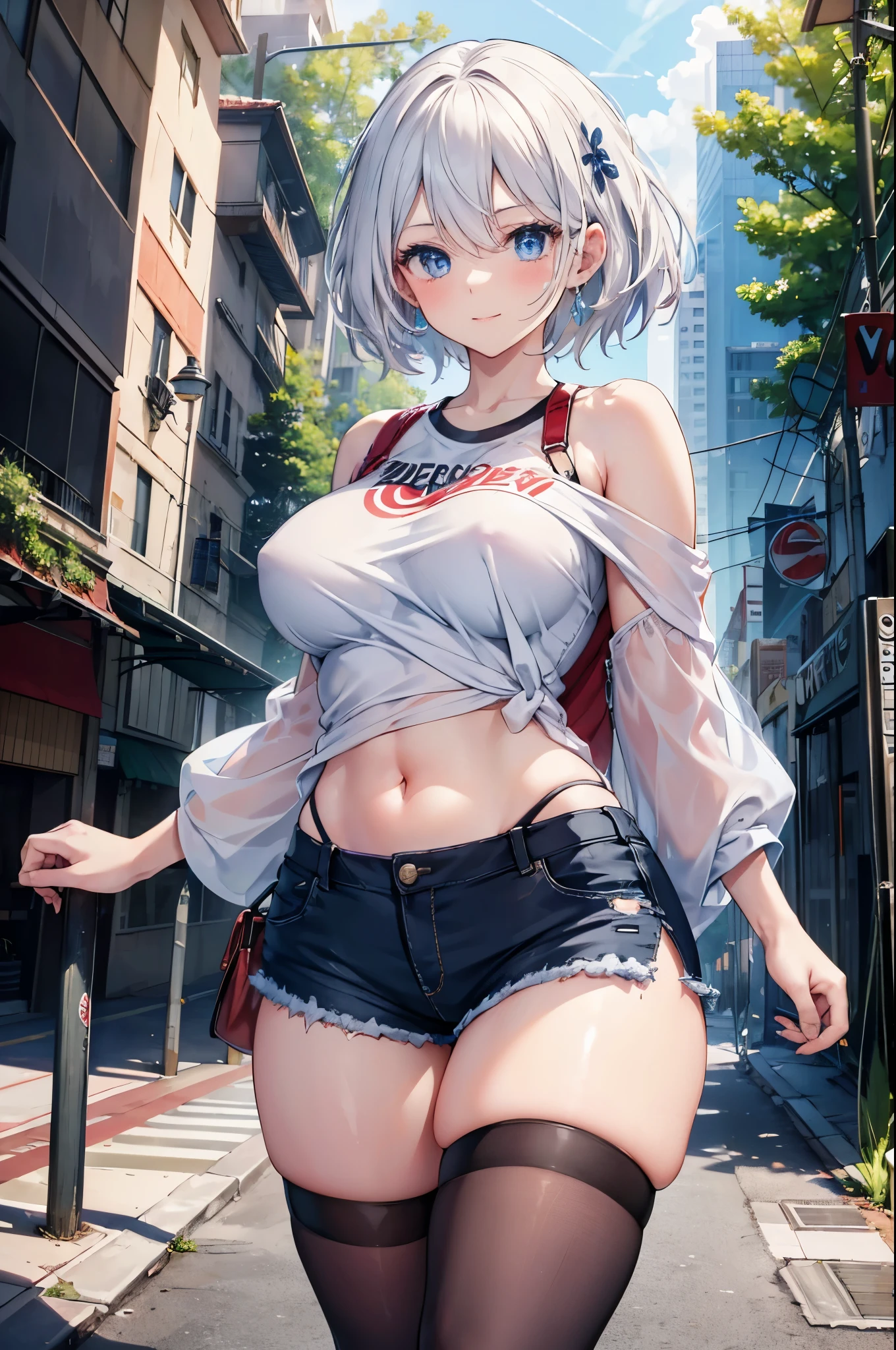 realistic image, coherent image, detailed image, 1 beautiful girl. She has short, white hair. Her eyes are blue, long eyelashes. Her face is oval and delicate, smiling. She is wearing a long-sleeved off-the-shoulder t-shirt, showing her navel, ripped shorts, and mid-thigh stockings. She has a curvy body, medium breasts, thick thighs. sexy pose. Background of destroyed buildings, surrounded by nature, natural lighting, volumetric lighting,