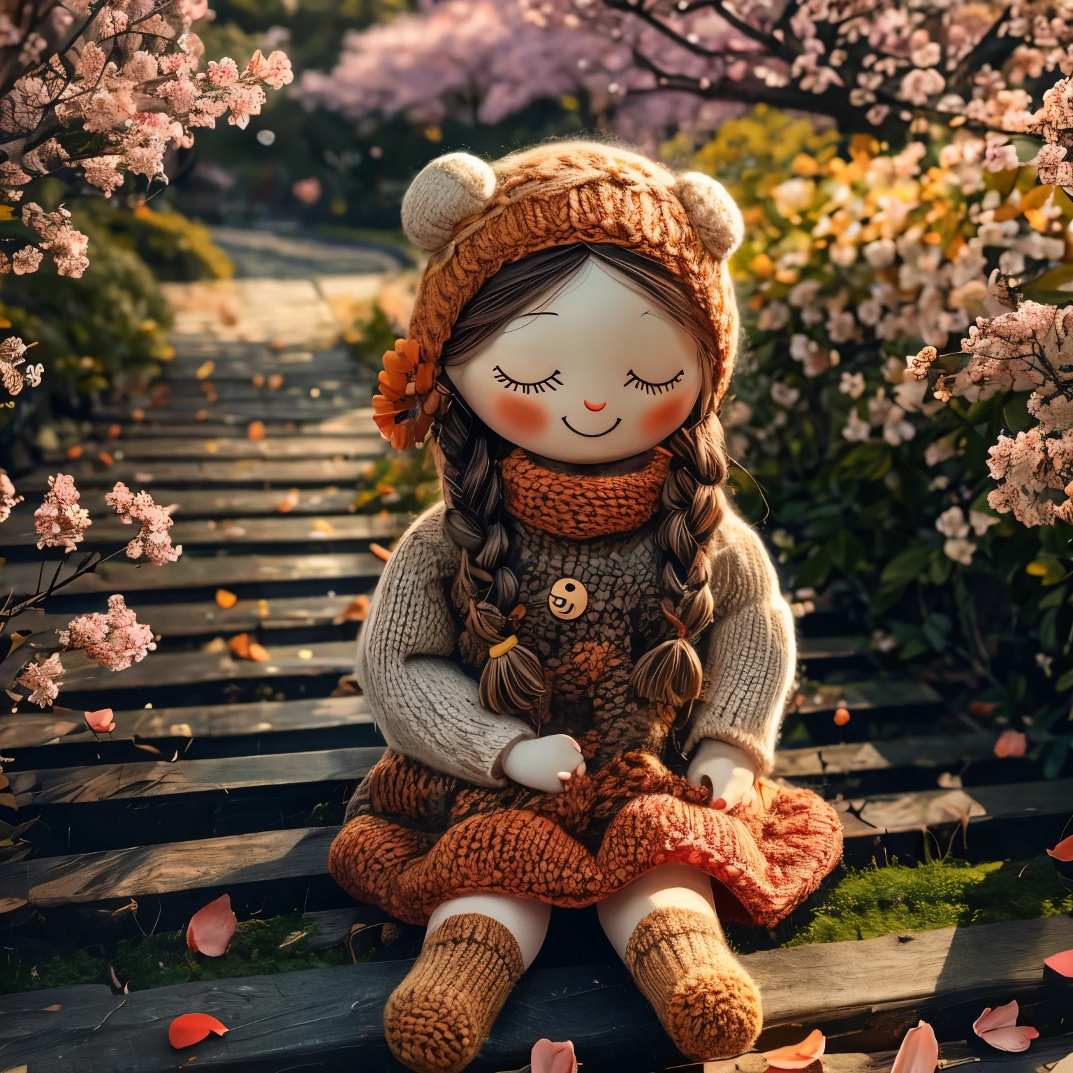 (masterpiece, best quality:1.2),knitted doll，smiley face，riverside，under the cherry blossom tree，Cherry blossoms all over the ground，Sakura petals flying background，Sakura petals are floating in the air，depth of field，backlight，Light particles flutter，Light effect，8k