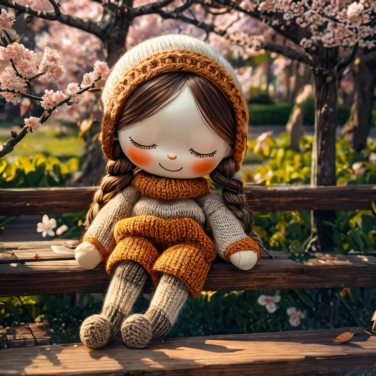 (masterpiece, best quality:1.2),knitted doll，smiley face，riverside，under the cherry blossom tree，Cherry blossoms all over the ground，Sakura petals flying background，Sakura petals are floating in the air，depth of field，backlight，Light particles flutter，Light effect，8k