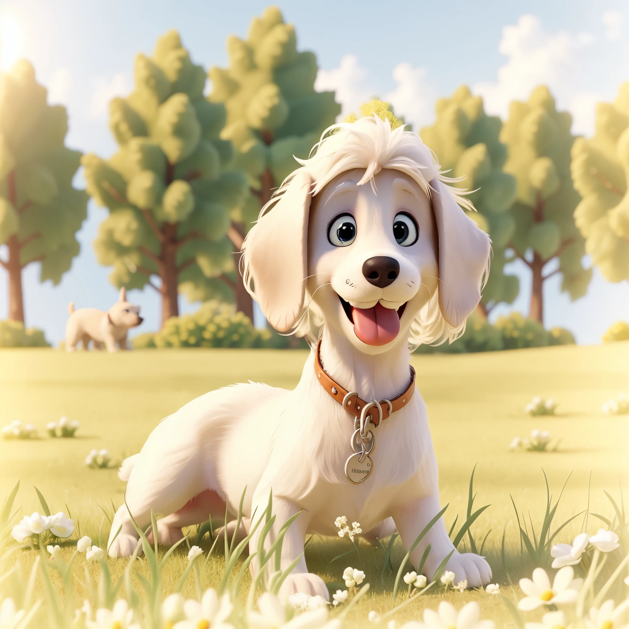 A white dog is sleeping on the grass, highly detailed pictures, happy dog, small white dog, smile happily at the camera, cute puppy, smile gently, smile at the camera, happy and smiling, beautiful and smiling, smile at the camera, miniature dachshund