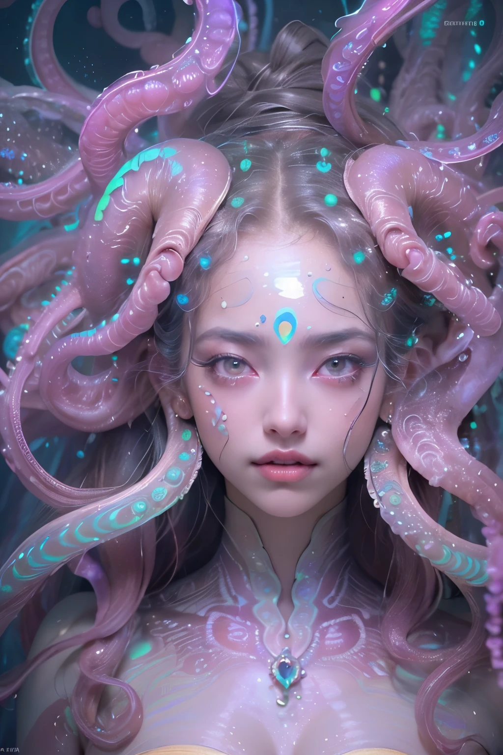 (1 beautiful and obscene female alien in the water of the deep sea:1.4), (There is a female genital-like organ in the middle of the forehead:1.95), has hair like medusa, (From her head there are many poisonous translucent white tentacles that look like hair:1.5),  (she has no pupils、Looking down at the viewer with glowing iridescent or scarlet eyes:1.6), (She has crystal clear white skin:1.6),(she has the most beautiful face in the history of the universe:1.5), (She has multiple bioluminescence organs on the side of her white tentacles:1.5), (Her body is covered with an iridescent exoskeleton:1.4), (she shows her armpit dimples:1.6), an evil gaze that seduces, (From the gap between your cute lips、Long canine teeth peek out like a vampire:1.4) (bioluminescence:1.4), (sexy pose:1.4), alien, there are no humans, (cells are fused:1.3), extraterrestrial, cell, bio image, ultra High resolution, (realistic pictures:1.7), (Number of award-winning masterpieces々, incredibly detailed, Texture and maximum detail), dramatic lighting, cinematic quality, (exquisite details:1.2), High freshness, draw faithfully, (thick eyebrows:1.2), Beautiful eyes with high bilateral symmetry,(highly detailed face and eyes:1.2),(Super detailed skin texture:1.4), perfect anatomy, (Beautiful toned body:1.5), (moist skin:1.2), not wearing makeup, (Bear:1.1), drawing cinematic characters, cinematic quality, (exquisite details:1.2), High resolution, High freshness, draw faithfully, official art, Unity 8K 壁紙, Super detailed artistic photography, midnight aura, unreal engine 5, super sharp focus, art by Amano Yoshitaka, art germ, ultra realistic realism, fantasy creation, dream snail, (biopunk nautilus:1.3),thrilling color scheme, smile seductively, amazing mutation, well-proportioned body, goddess of the deep sea, fractal, Geometric pattern, she has a great figure, Subtle emerald green accents, (expression of ecstasy:1.5)